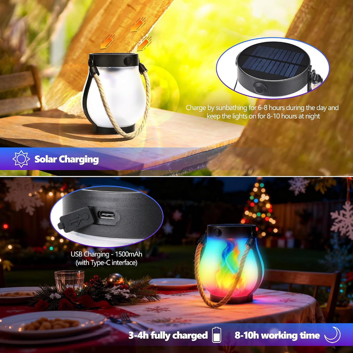 iBaycon 1 Pack Gen2 Solar Lantern Lights with Ultra-Real Flame, Multicolor | Solar Garden Lights with Dual Charging USB