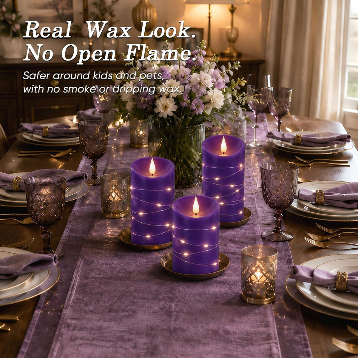 Homemory Purple Flameless Candles with String Lights, Remote Timer, 3 Pack | Flameless candles with string lights, real