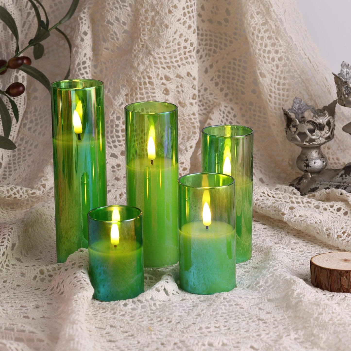 Green Glass LED Pillar Candles with Remote Batteries Set of 5 | Flickering Slim Tall LED Candles, Fireplace Home Table