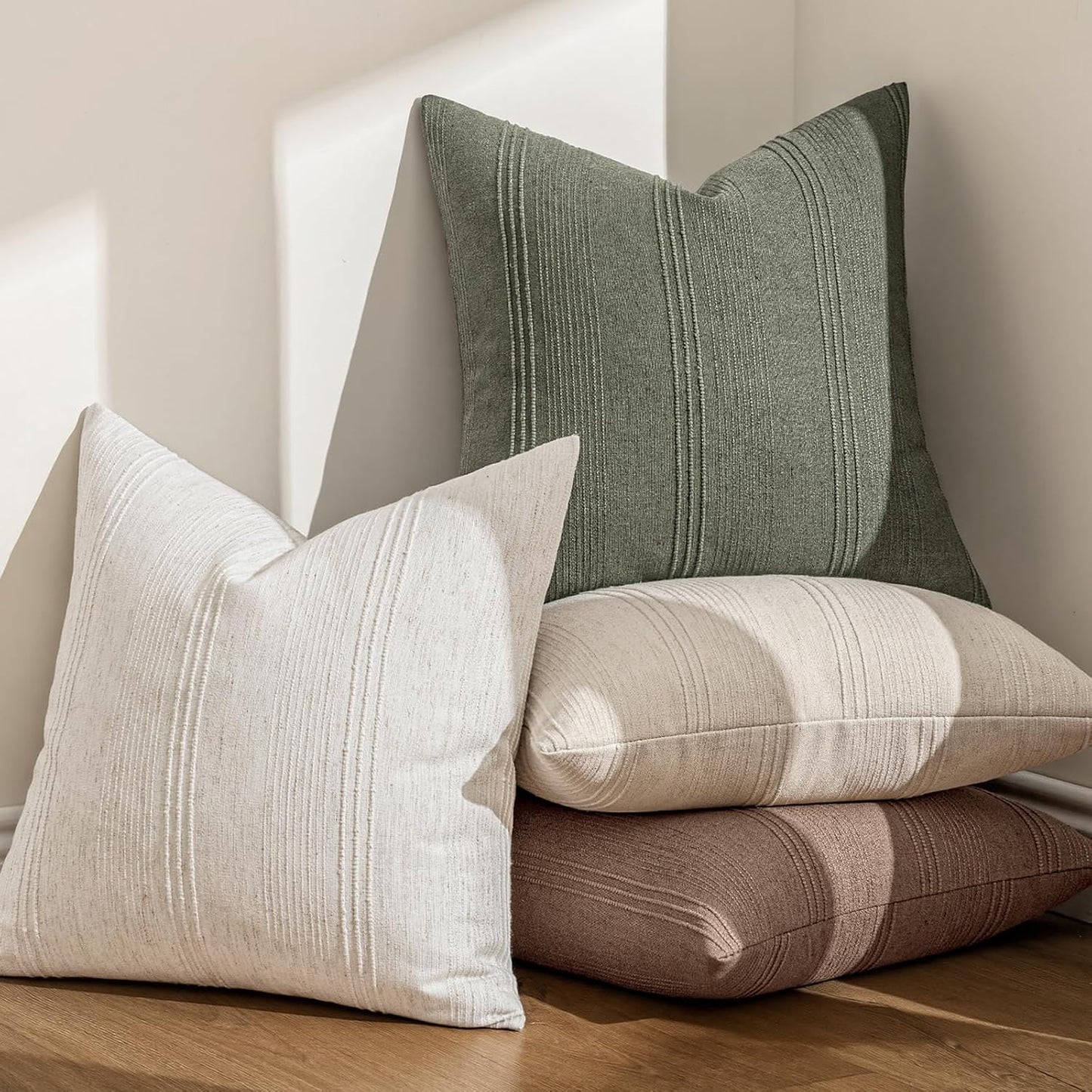 Striped Throw Pillow Covers Decorative Textured Pillow Covers Linen / 18 x 18 / Olive / Set of 2