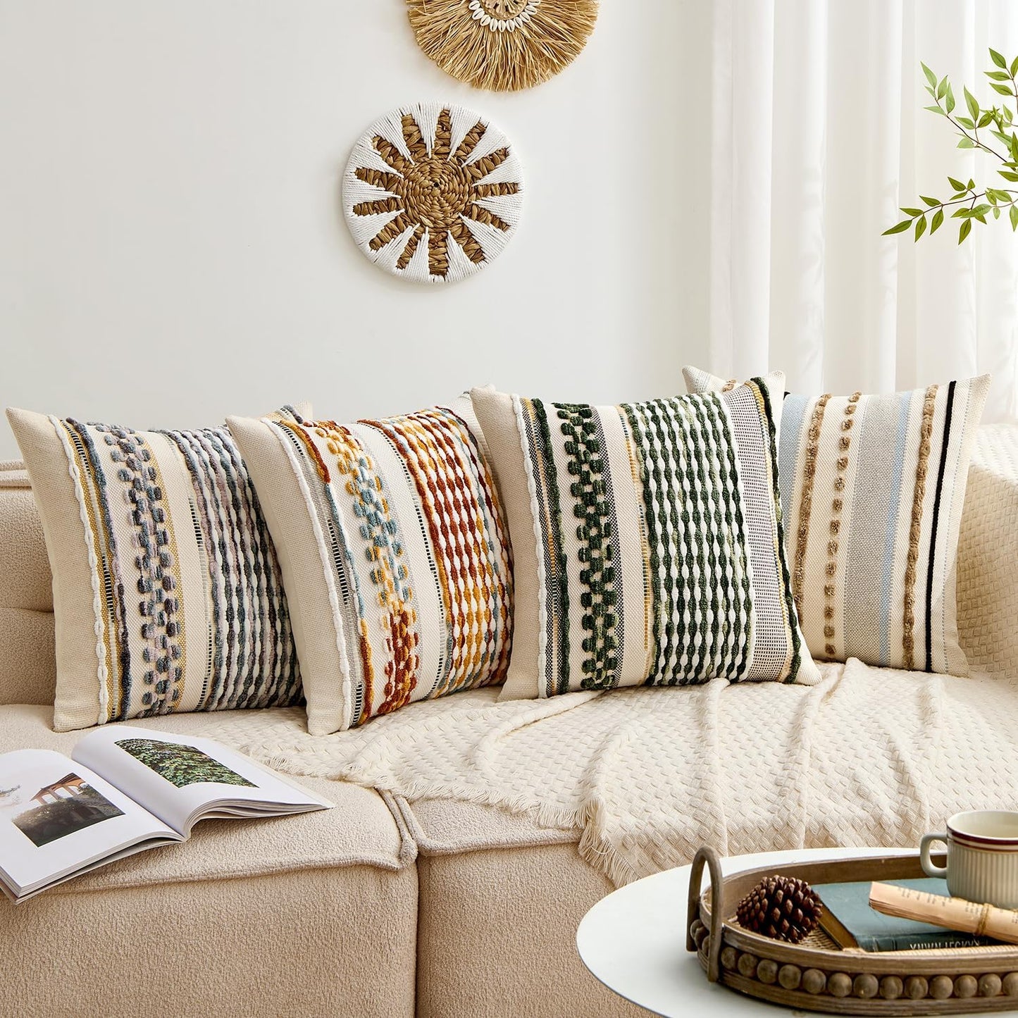 Boho Decorative Throw Pillow Covers Farmhouse Cushion Case Striped / Olive Green Stripe / 18 x 18