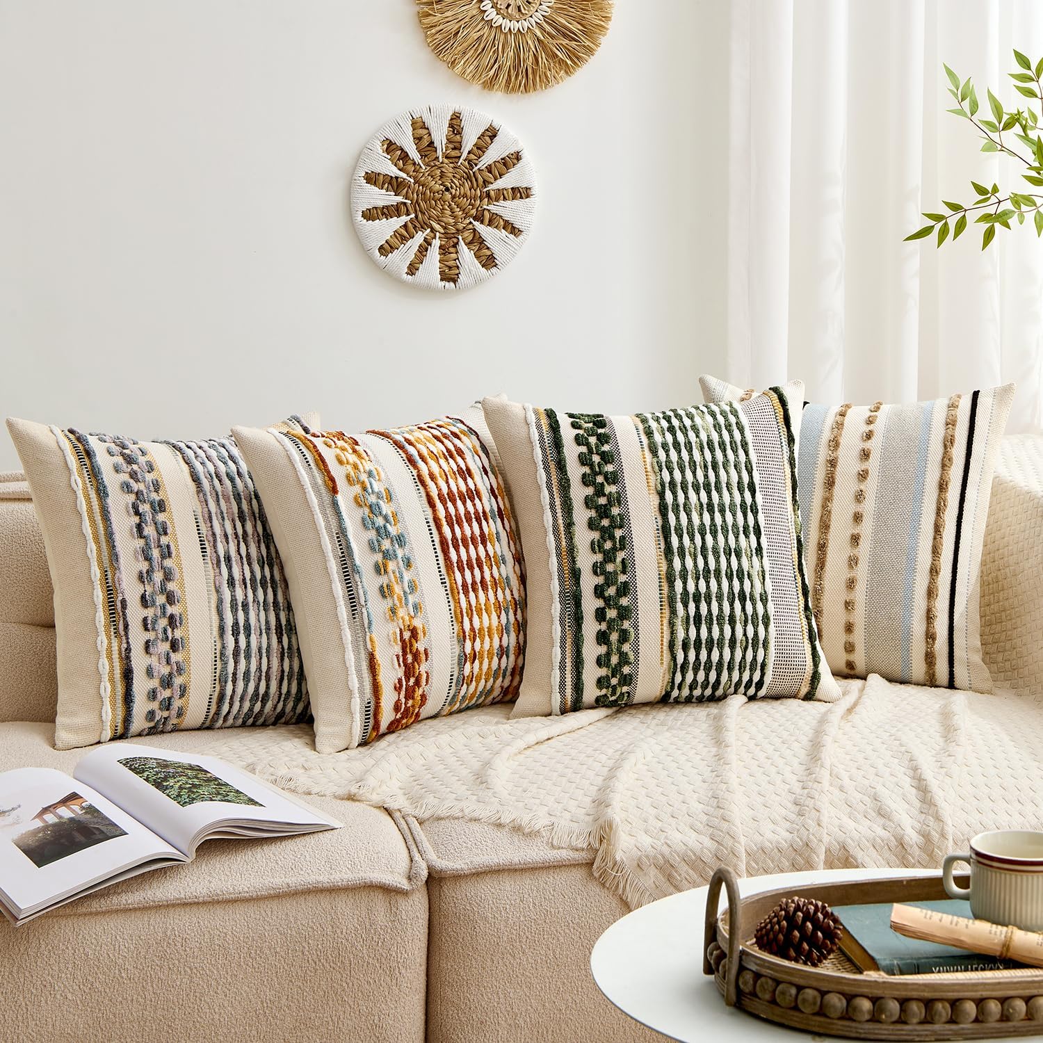 Boho Decorative Throw Pillow Covers Farmhouse Cushion Case Striped / Olive Green Stripe / 18 x 18
