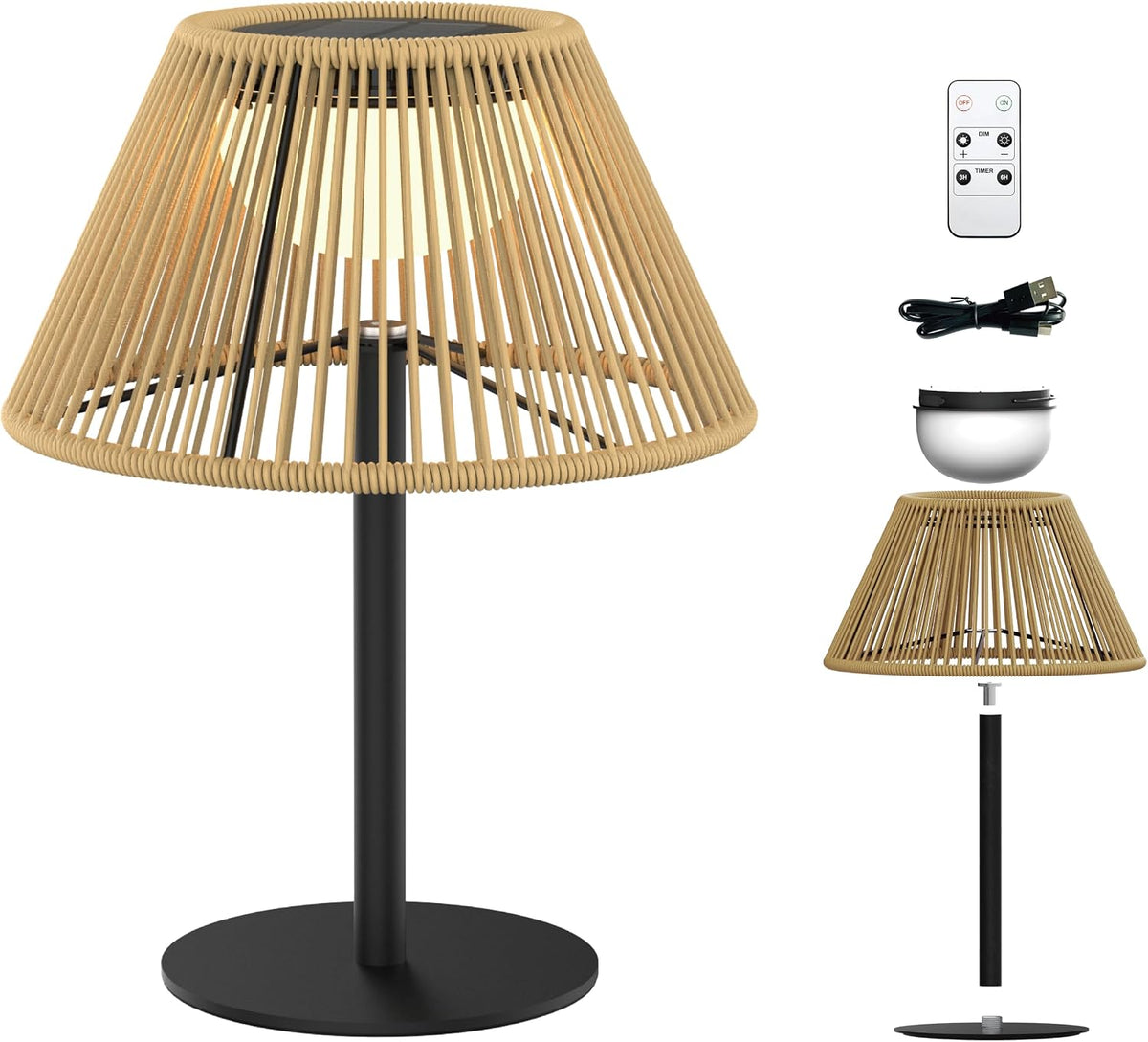 Rattan Solar Table Lamps - 2 Modes, Remote, Dimmable,Warm White,2pk