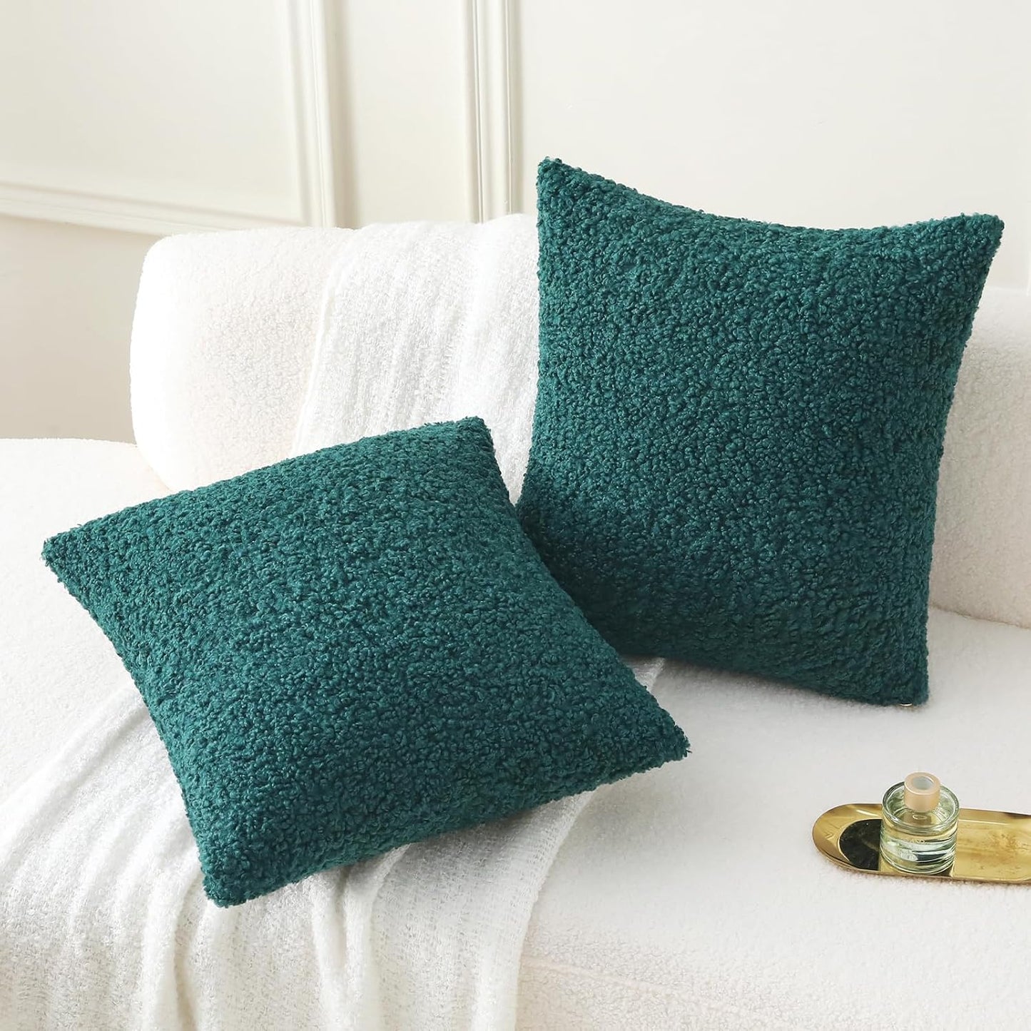 Furry Faux Fur Teddy Boucle Textured Cushion Covers / Dark Green / 18 x 18 / Set of 2