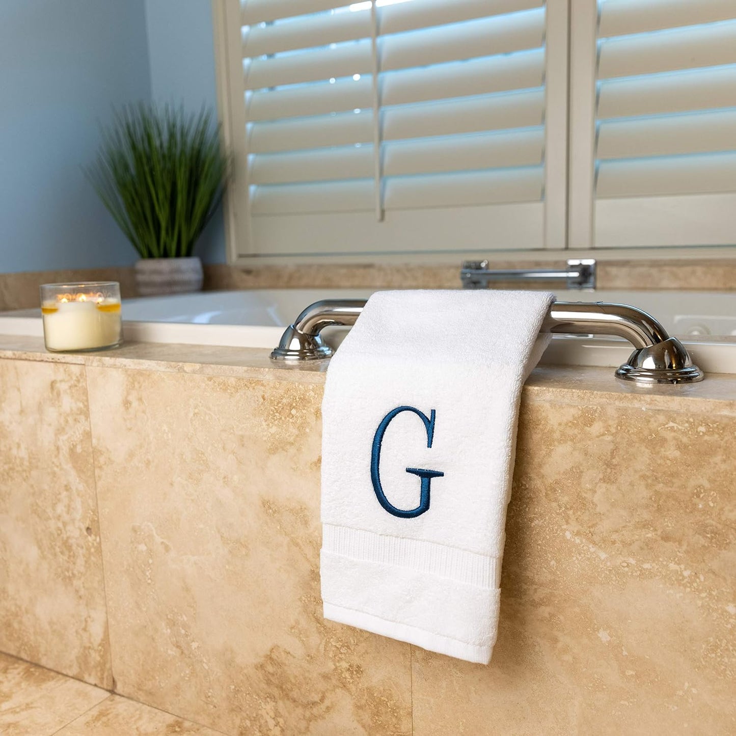 White with Navy Monogrammed Hand Towels for Bathroom - Set of 2 Letter G | Luxury Hotel Quality Initial Towels For