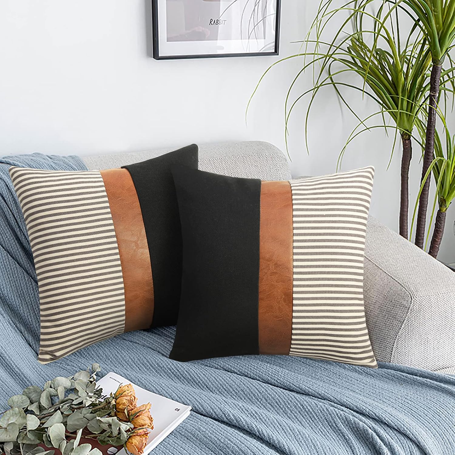 Modern Tan Faux Leather Accent Pillow Covers / Black Linen and Grey Stripe / 18 x 18 / Set of 2