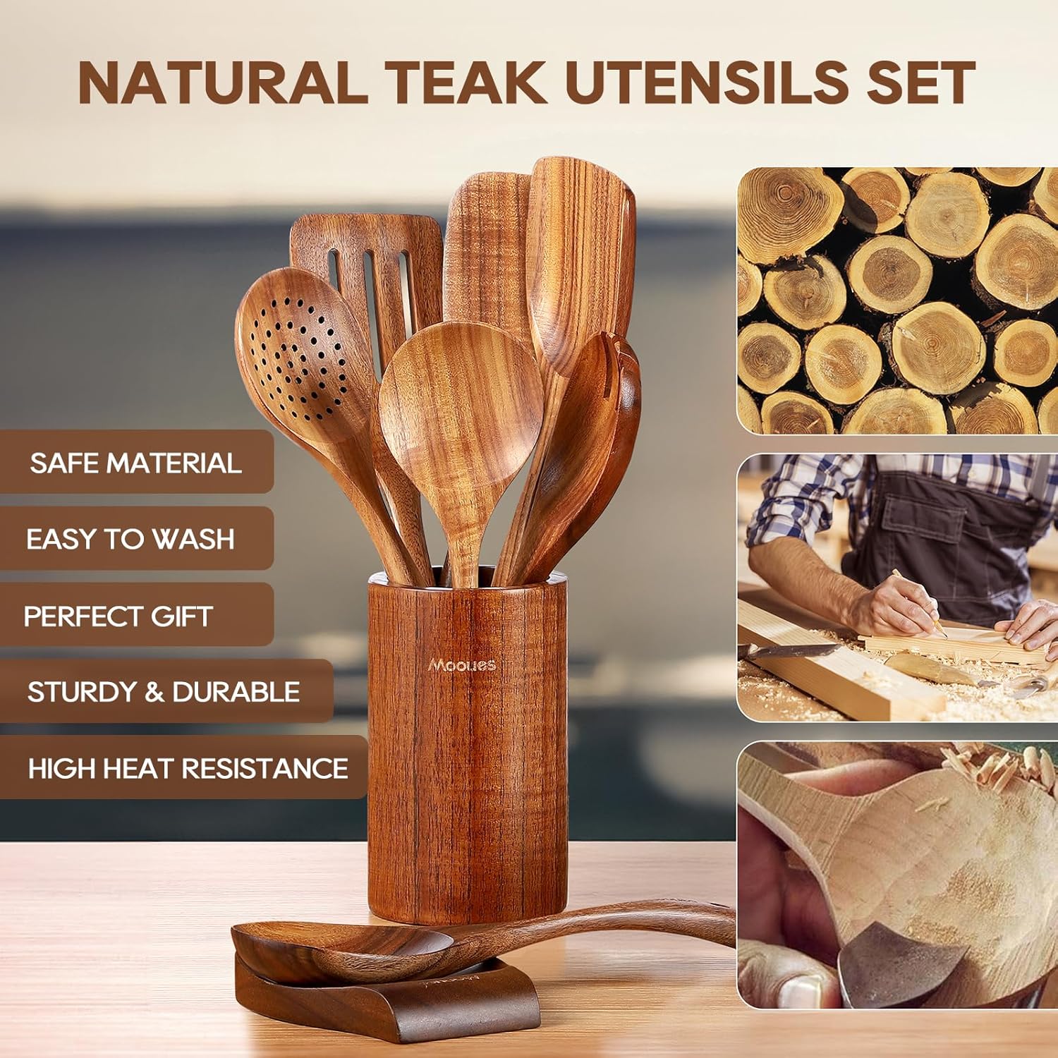 Mooues Wooden Kitchen Utensil Set, 9 Piece Natural Teak with Spoon Rest | Wooden Cooking Utensils with Comfort Grip