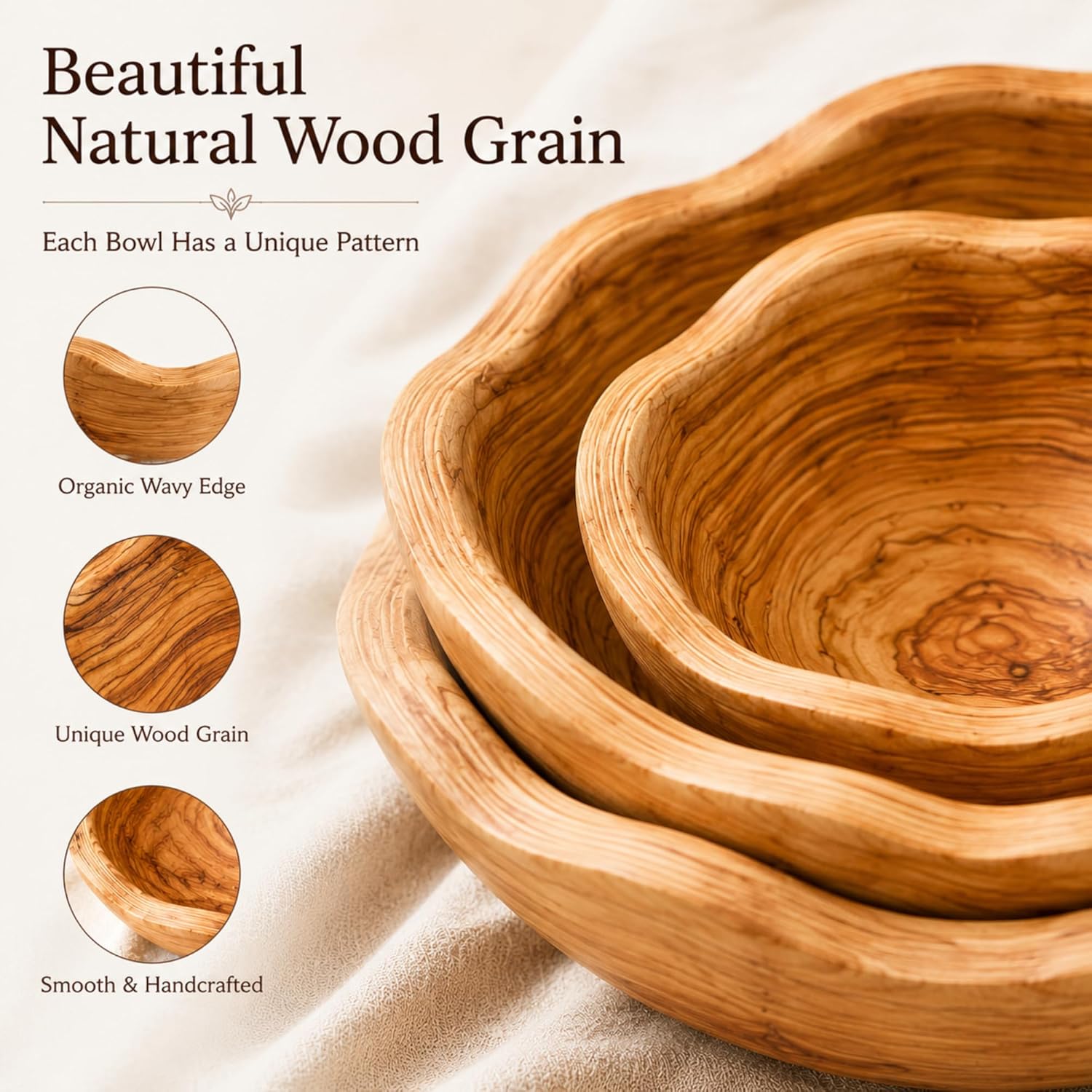 Wooden Bowls Decorative 8"-14" Handmade Wood Fruit Bowl Creative 3 Sizes Rustic / Natural / Set of 3