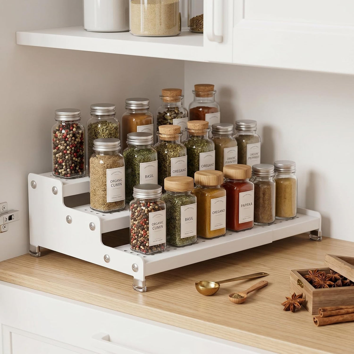 Expandable 3-Tier Spice Metal Shelf Rack, White, 2 Packs | Kitchen Cabinet and Pantry Organizer, Seasoning Storage
