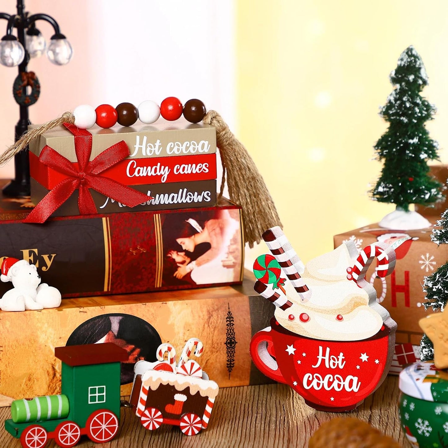 Christmas Farmhouse Tiered Tray Decor Winter Hot Cocoa Wood Decorative Stack Book Decor / Set of 5