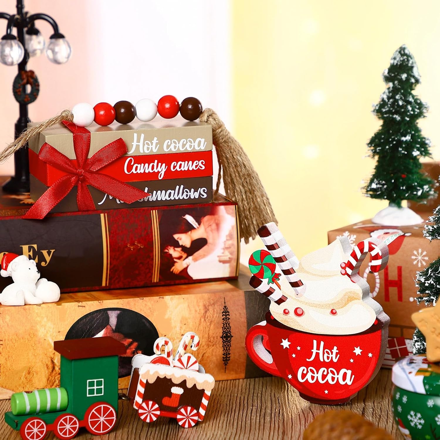 Christmas Farmhouse Tiered Tray Decor Winter Hot Cocoa Wood Decorative Stack Book Decor / Set of 5