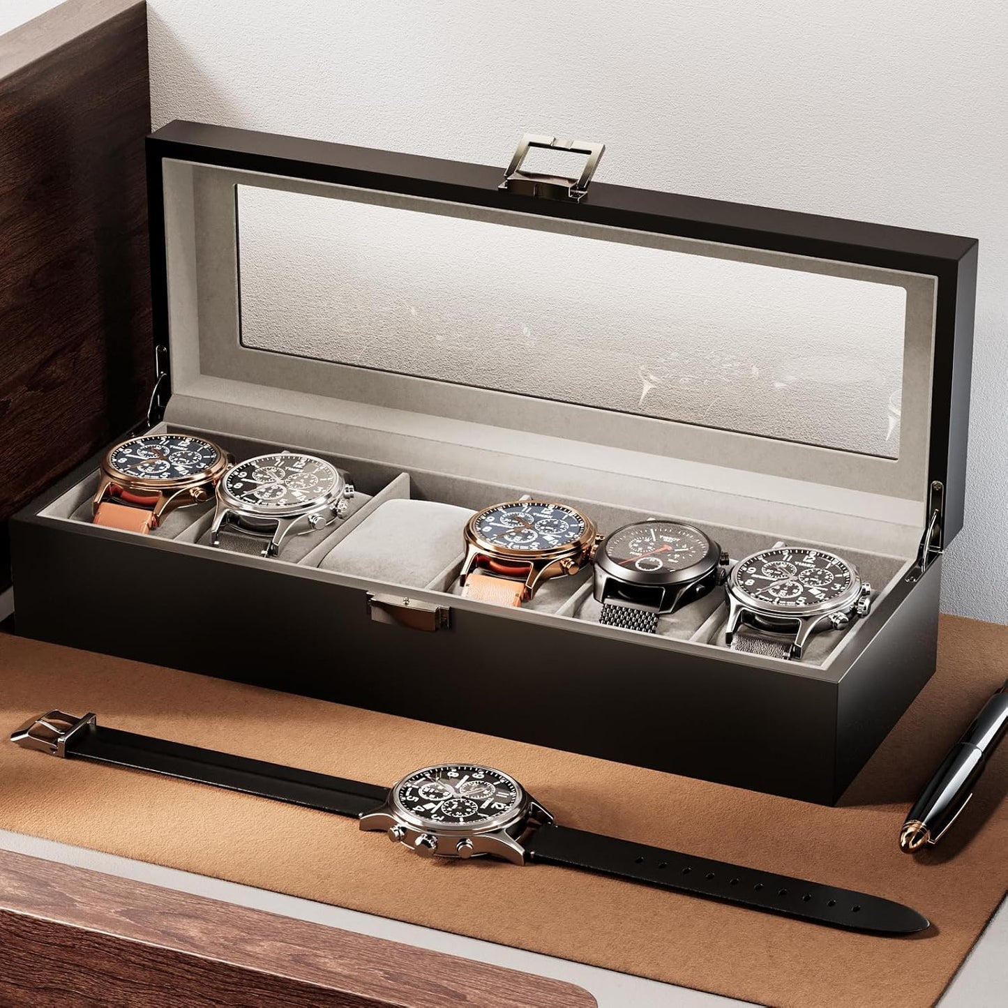 ProCase Wooden Watch Box, 6 Slot Mens Watch Display Case, MatteBlack | Wood Watches Holder Storage Organizer with Clear