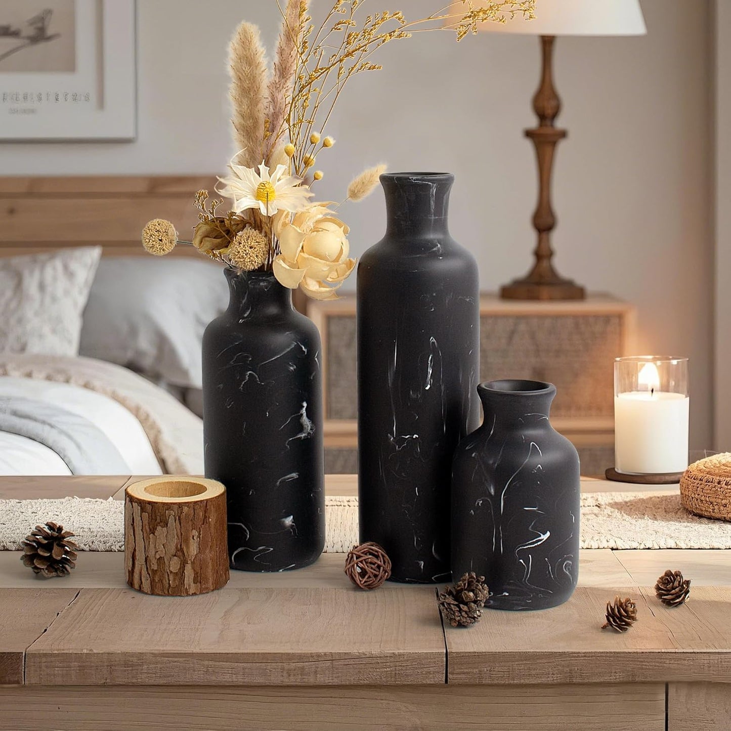 Resin 3 Piece Vase Set / Black Marble Look