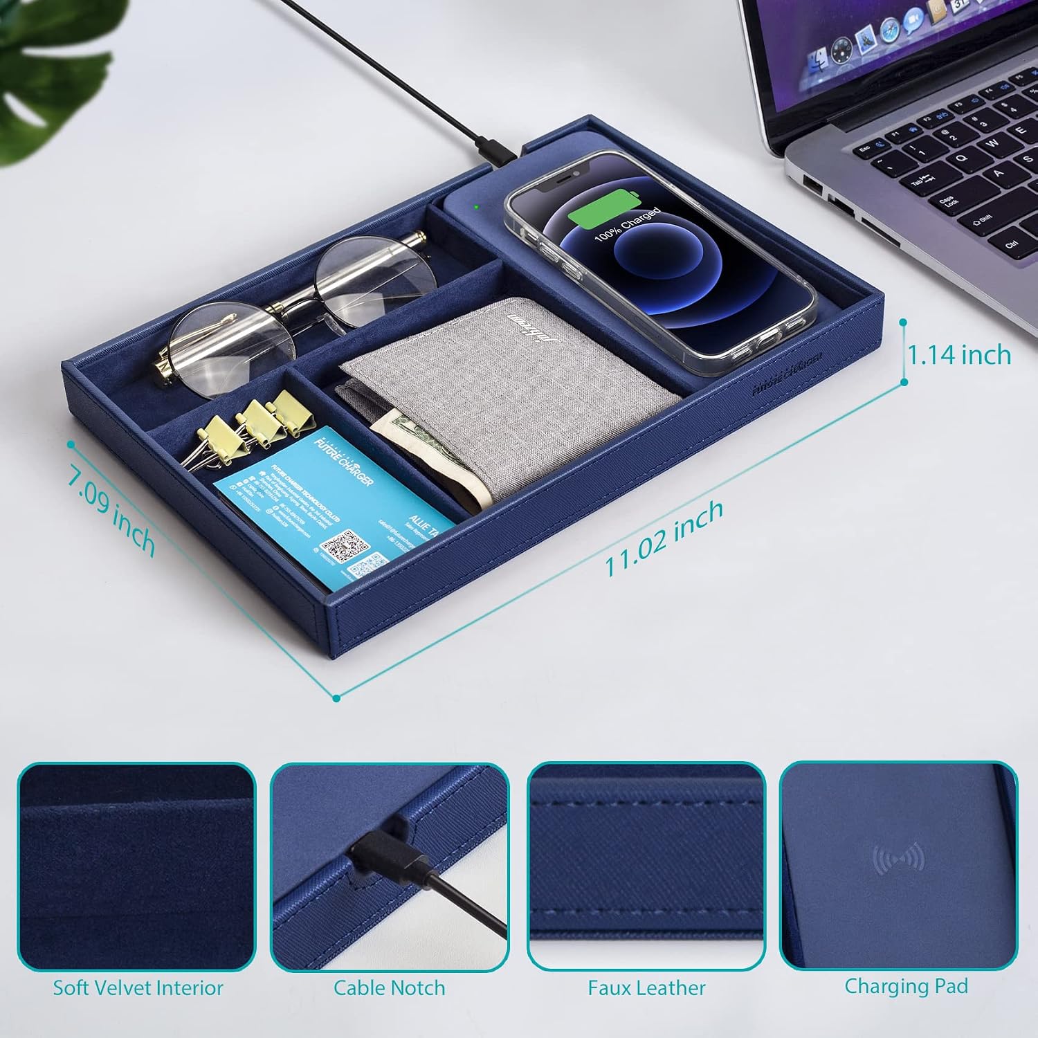 Valet Tray, Built in Wireless Charging Pad, Nightstand Organizer | Dresser Organizer, Mens Jewelry Box, Valet Charging