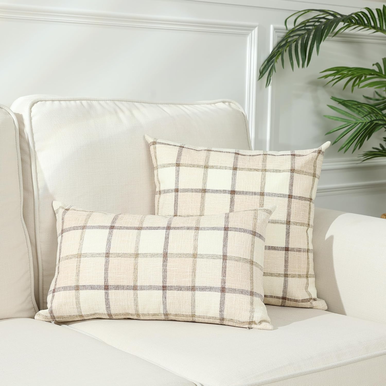 Fall Linen Buffalo Check Throw Pillow Covers / 18 x 18 / Check-beige / Set of 2