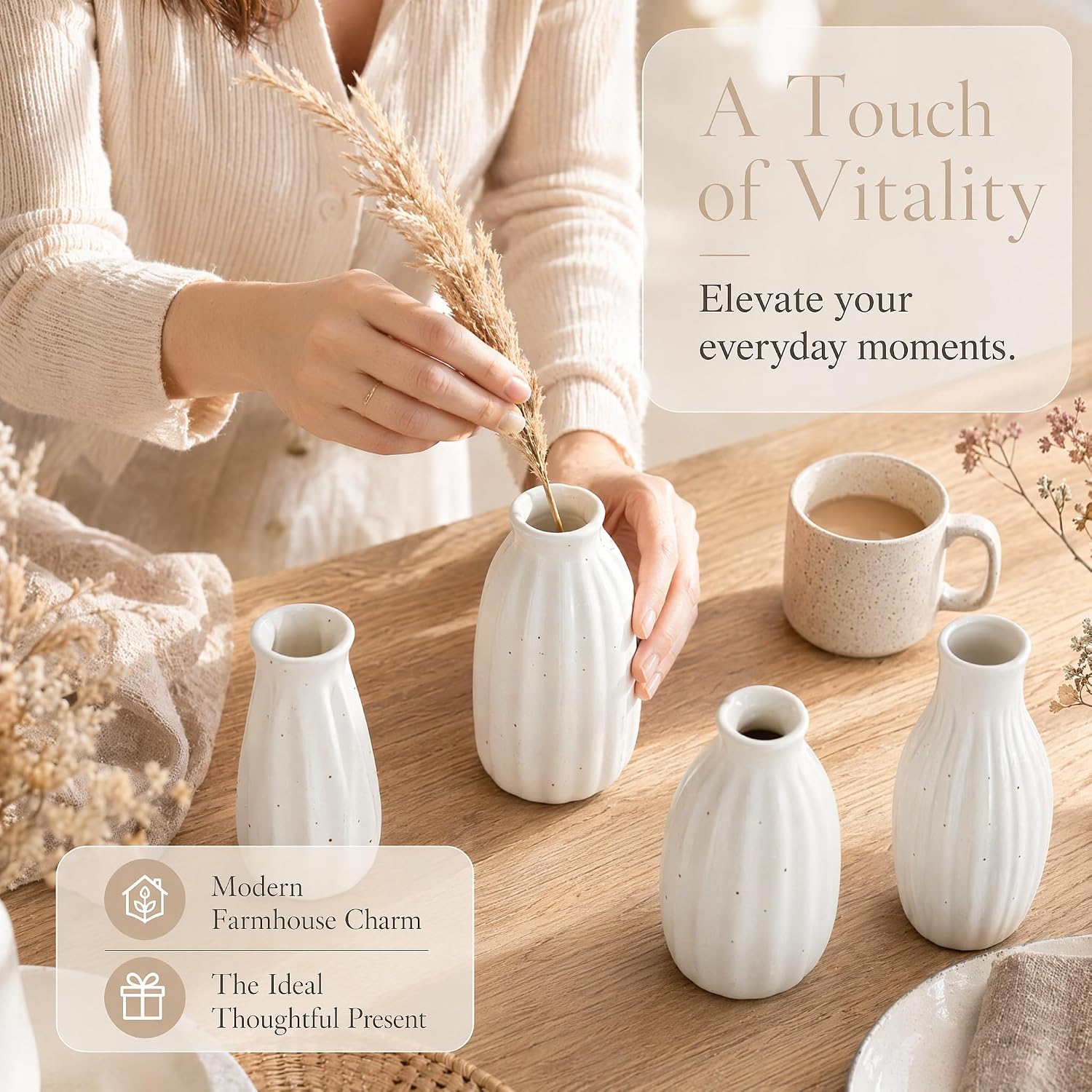 Small Ceramic Vases Table Flower Vase Modern Decorative Vases for Pampas Grass / White / Set of 4