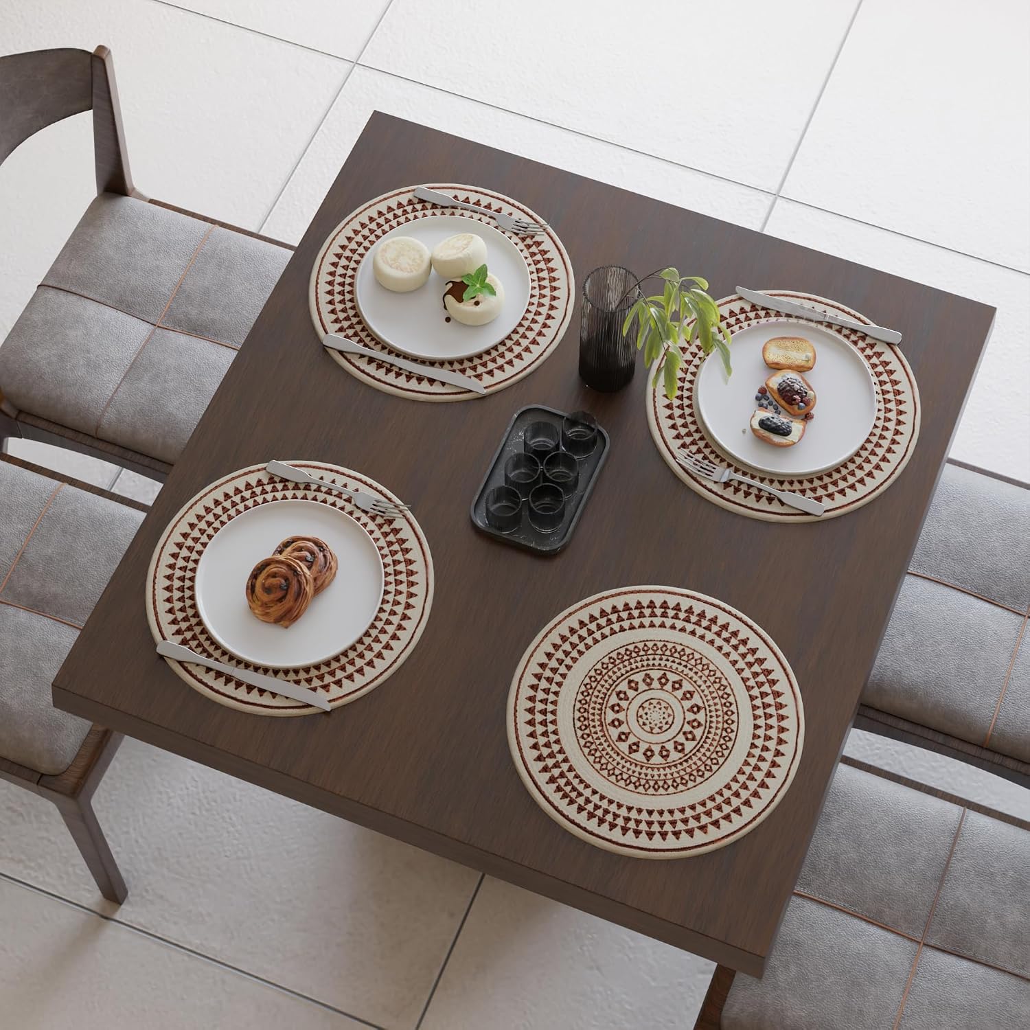 Encasa XO Dining Placemats, Cotton Round Table Mats 13" Maroon Mandala-3 Print