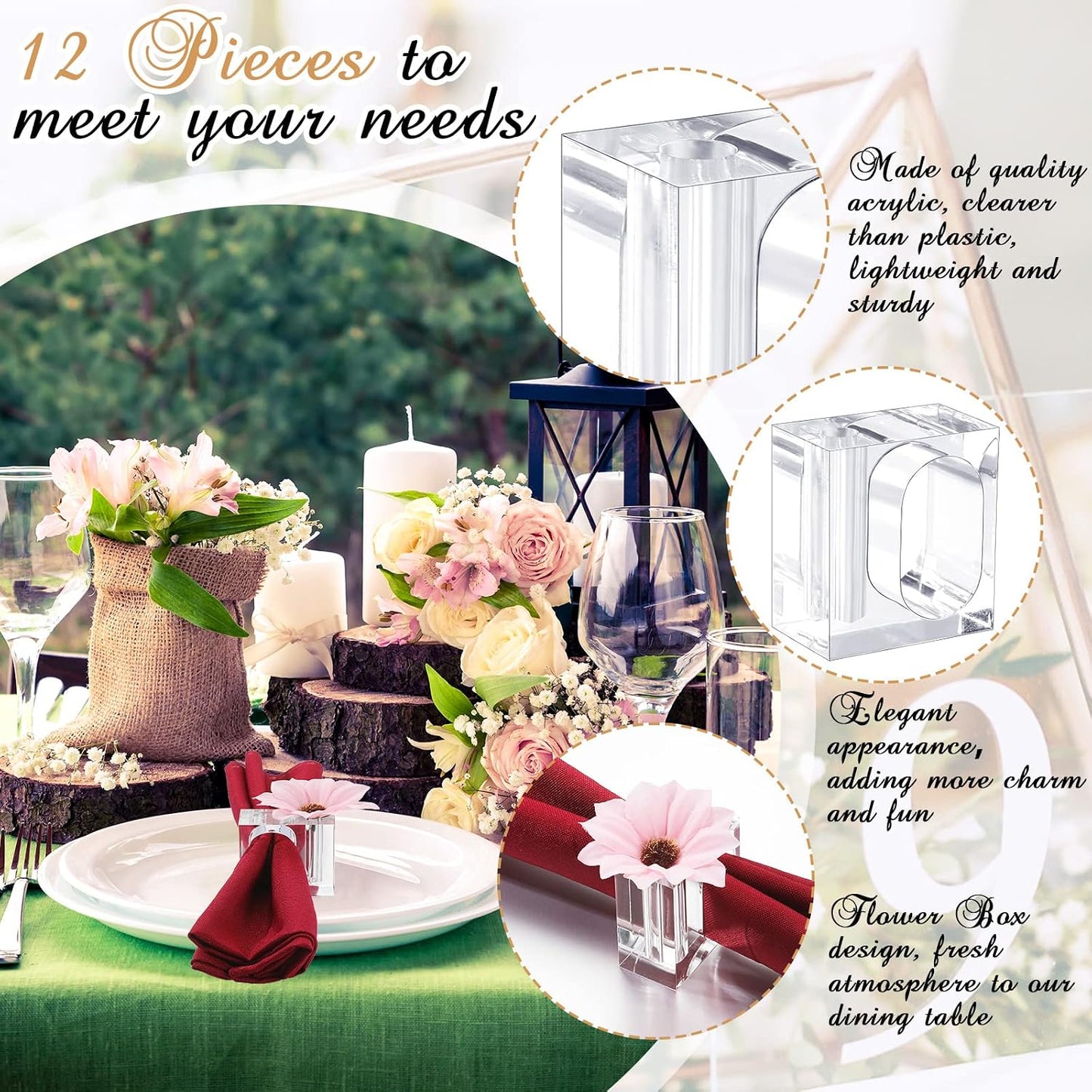 12 Pcs Acrylic Napkin Rings Clear Napkin Holder Bulk | Square Flower Bud Vase Combo for Wedding, Birthday Banquet Table