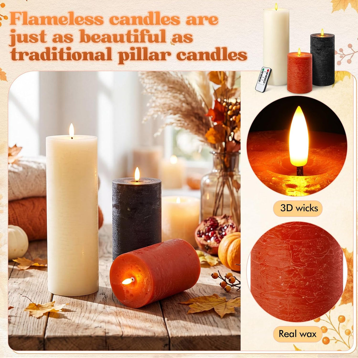 3 Pcs 6/8/12 Inches Fall Flameless LED Candles with Remote and 2/4/8h Timer Orange Black White Battery Operated Wax