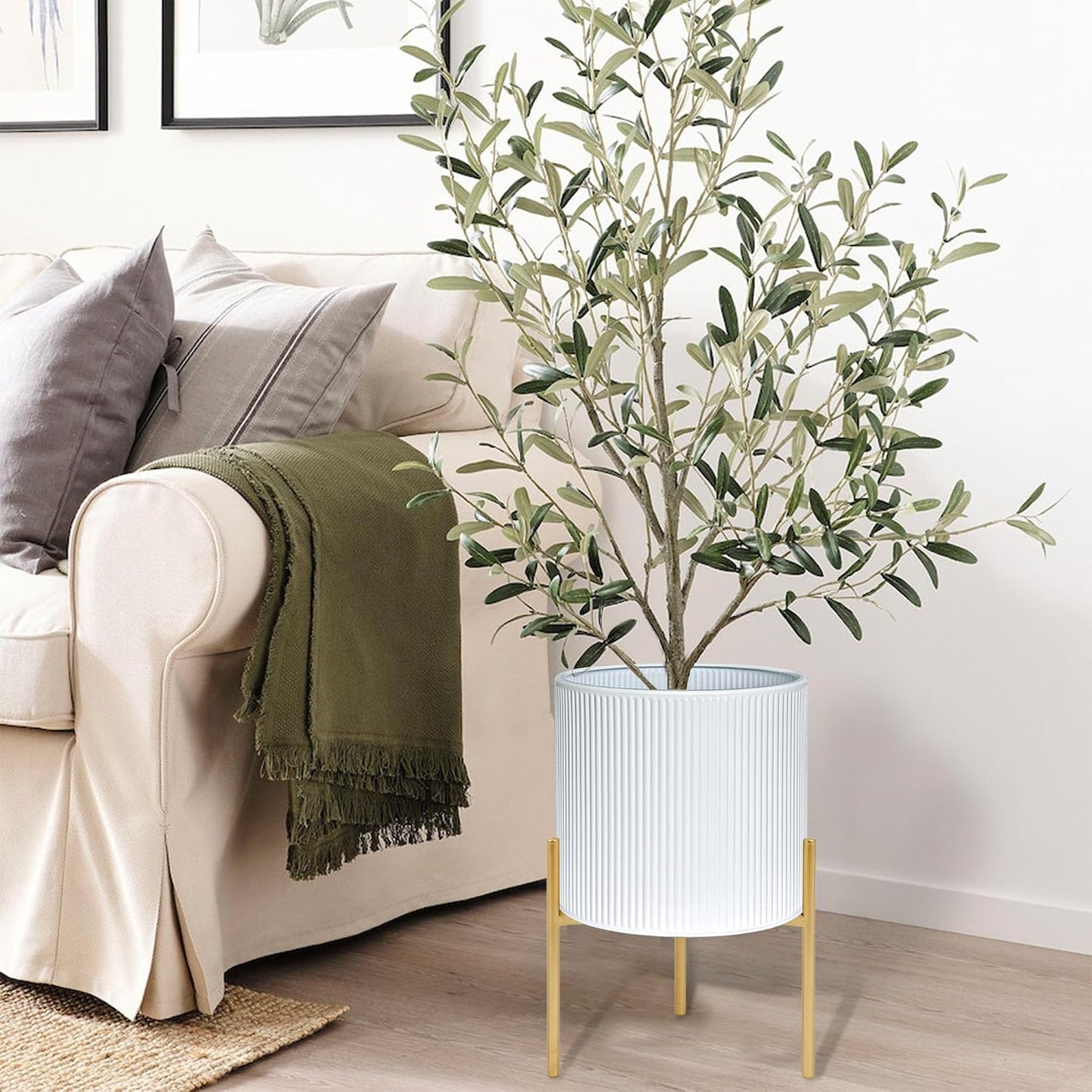 ARNIS Modern Plant Pots, Set of 2 Round Large Planters with Stand, Large Size Metal Pots with Drainage Holes for Living