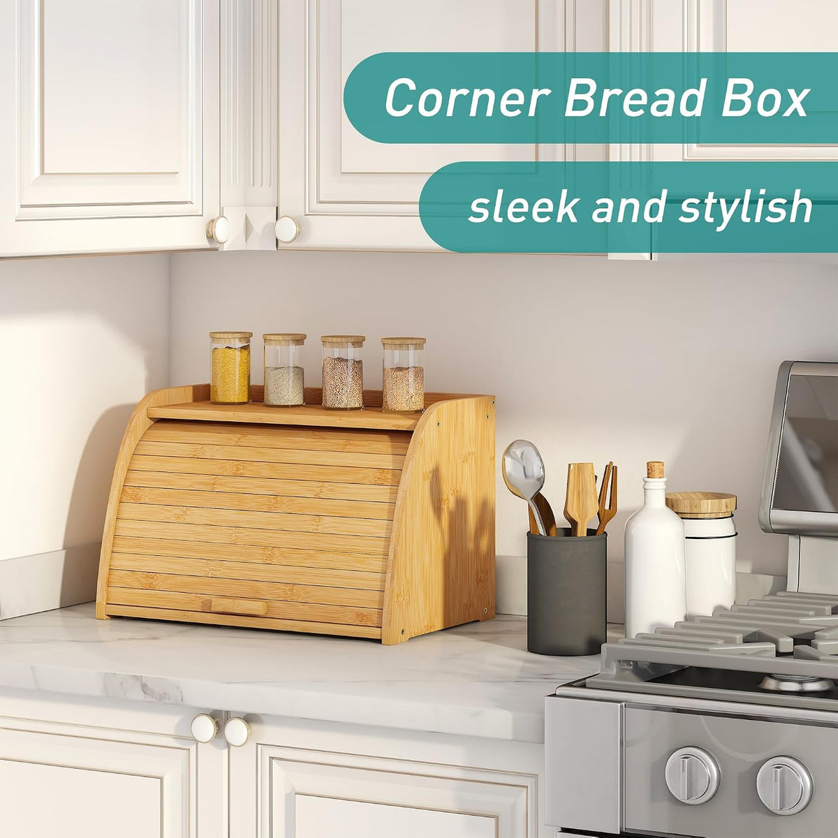 Bread Box for Kitchen Countertop, Large Bamboo Wood Bread Box, Wooden Corner Bread Storage Capacity