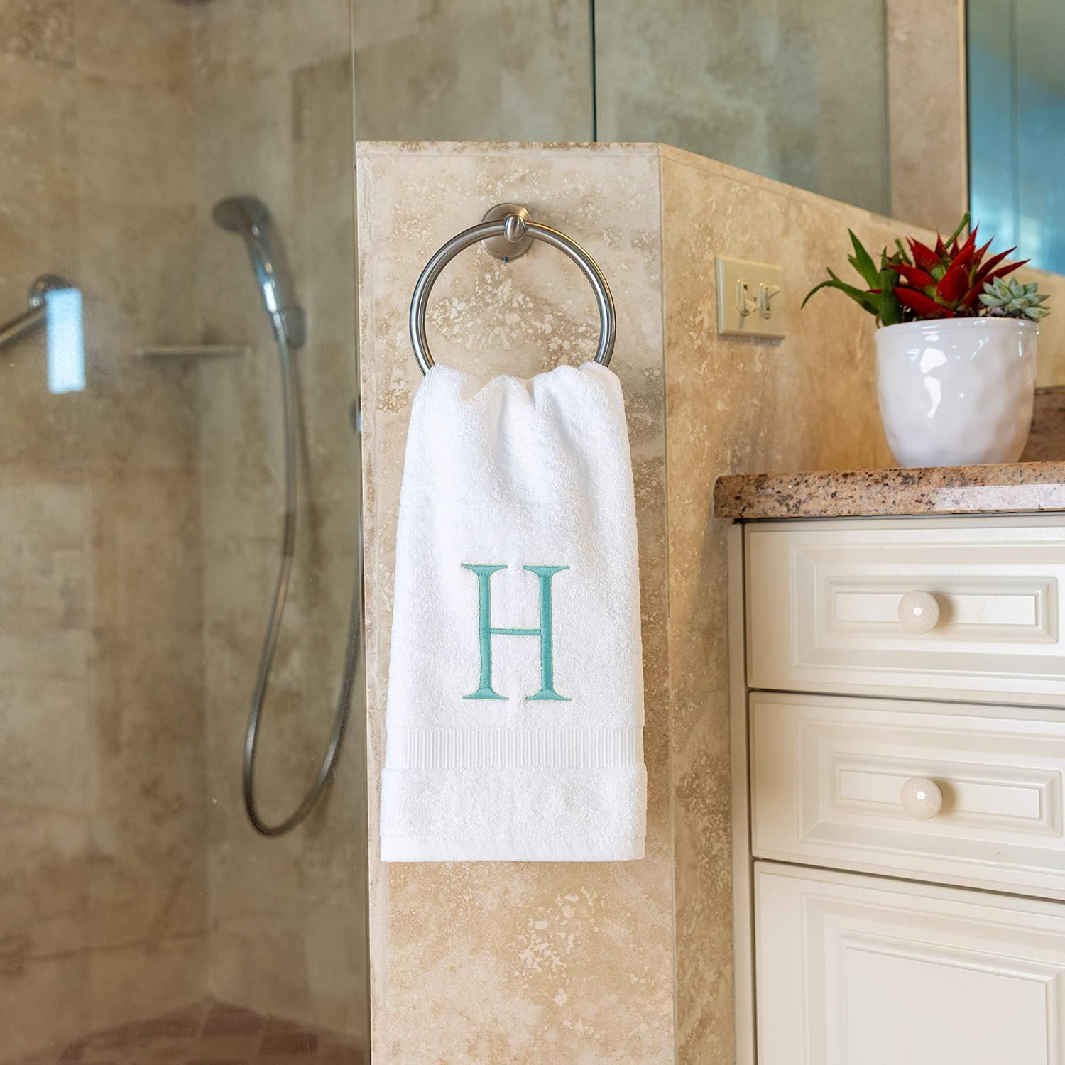 White with Teal Monogrammed Hand Towels for Bathroom - Set of 2 Letter H | Luxury Hotel Quality Initial Towels For