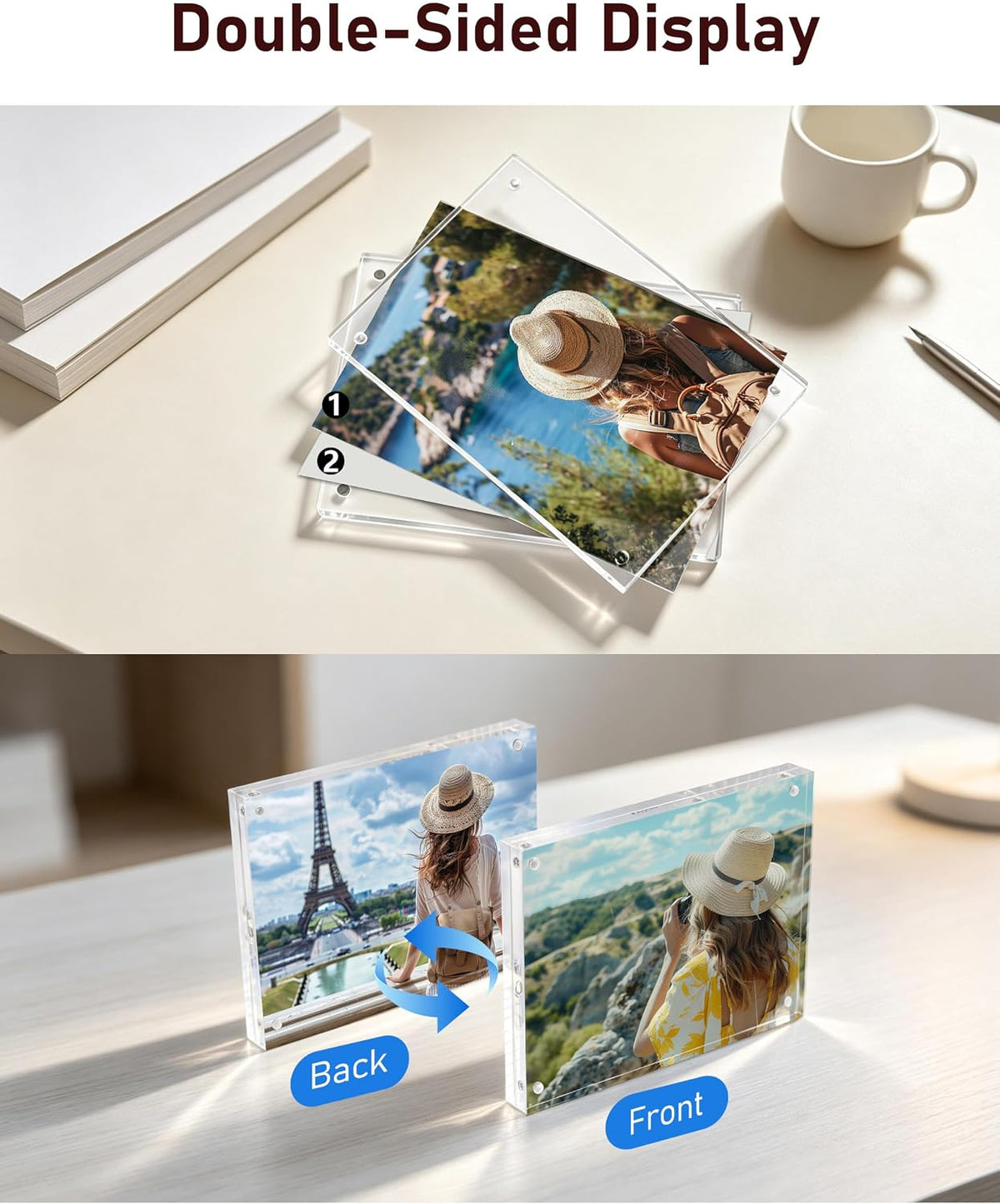 Picture Frame, 3 Pack 4x6 Solid, 20mm Thick Magnetic Acrylic Desktop | Double-Sided View, Tool-Free Photo Swaps, UV