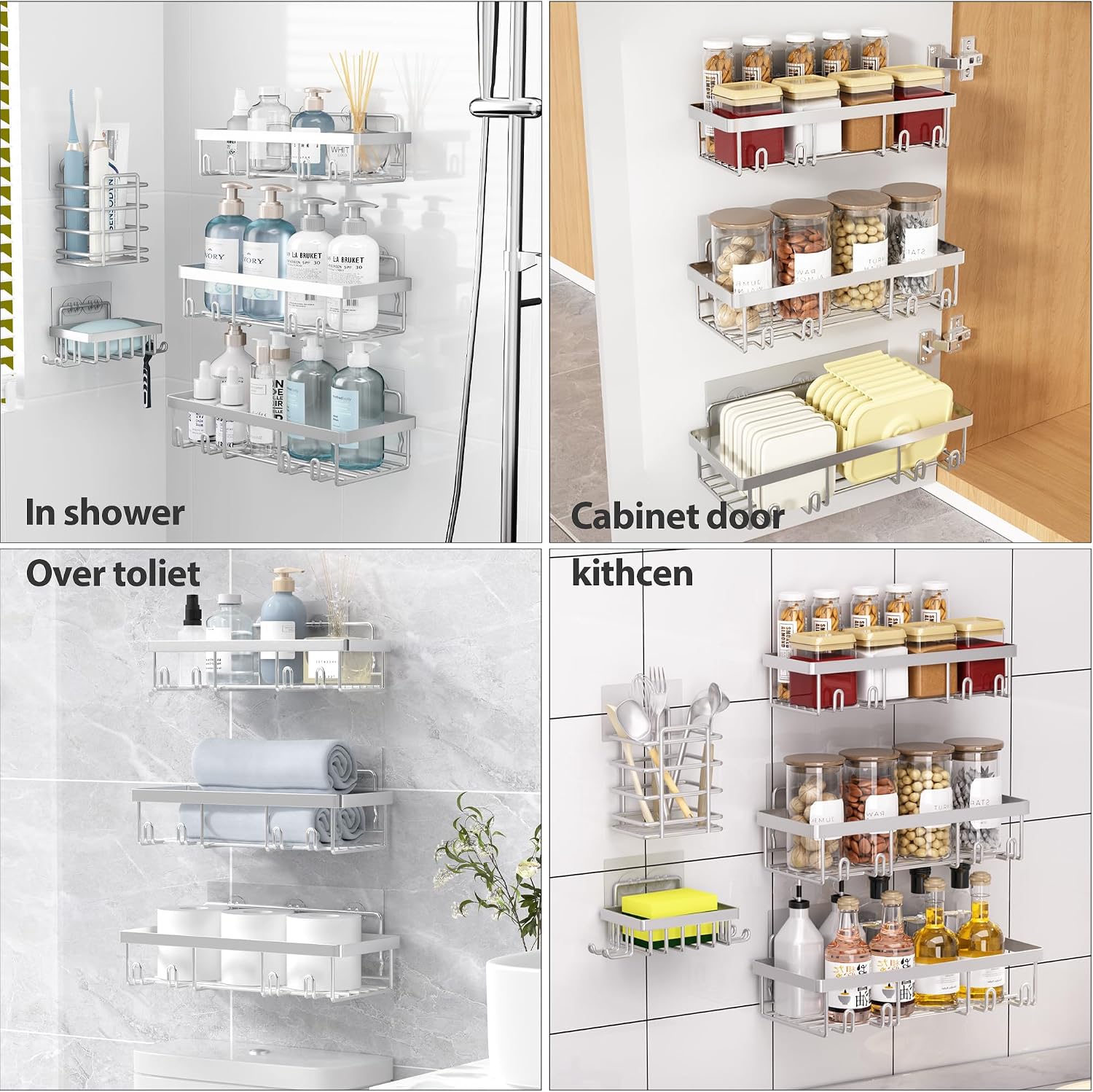 Self Adhesive Bathroom Wall Storage Basket Rustproof / Silver / Set of 5