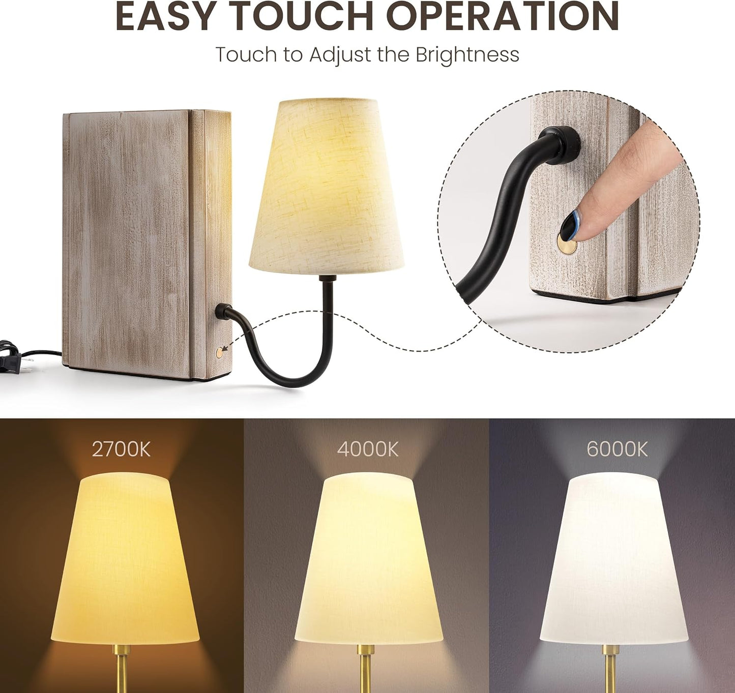 Solid Wood Bookshelf Lamp with Bulb, 3-Color Touch Control Dimmable Table Lamp with Linen Shade, Modern Decorative