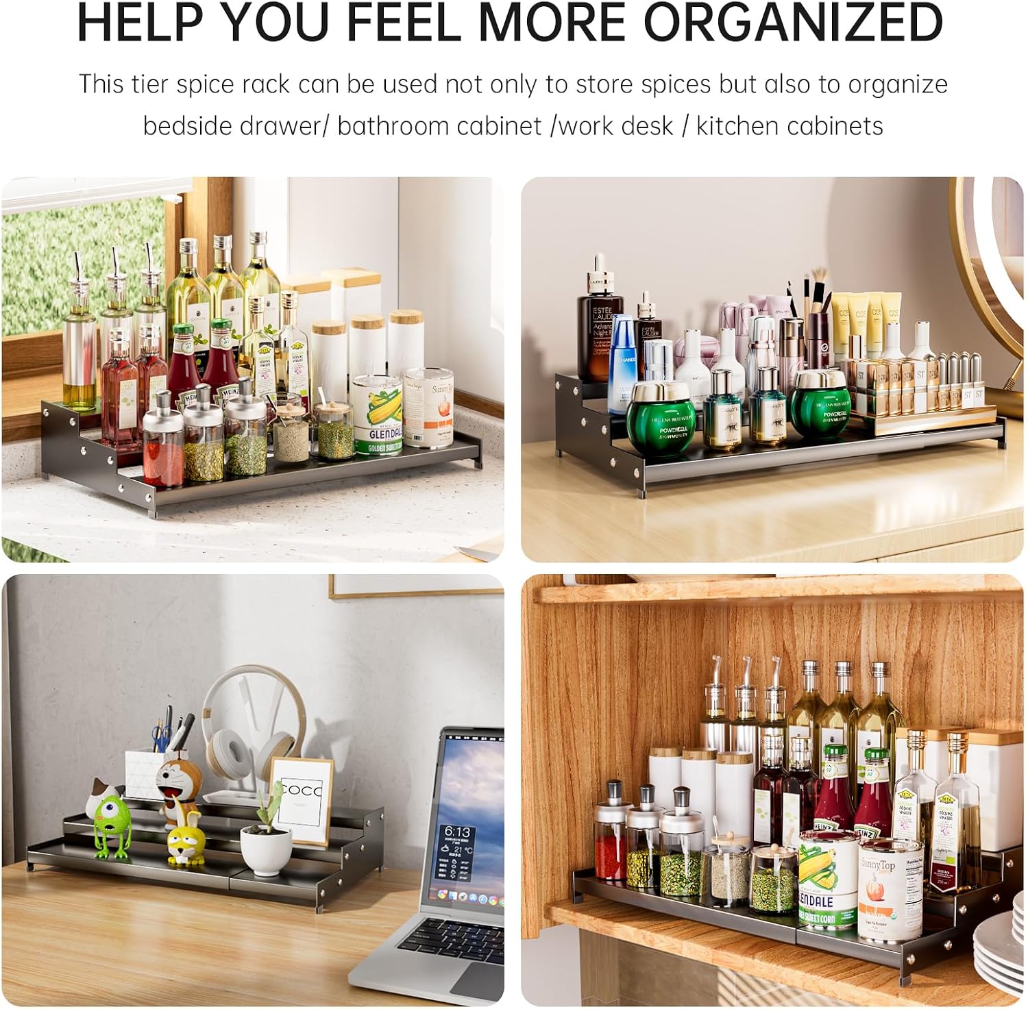 Expandable Carbon Steel Spice Rack Organizer for Pantry, Adjustable 3-Tier Ladder Shelf,Holds Up to 24 Cans,Kitchen