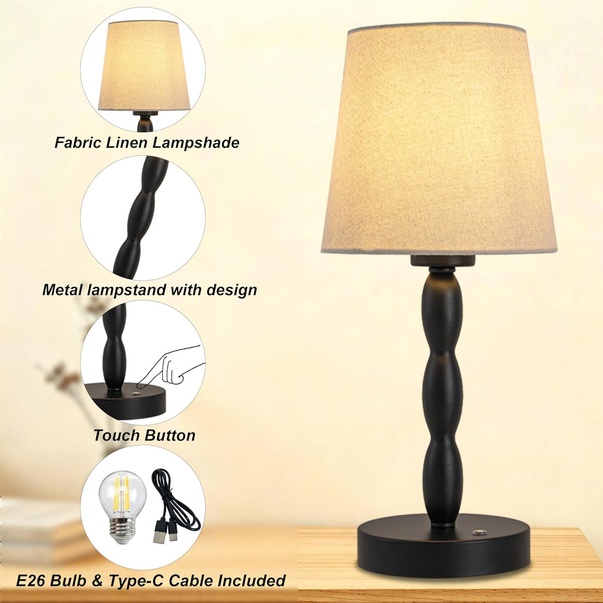 Rechargeable Cordless Table Lamp, 5000mAh Battery Powered Touch Desk Lamp, 3-Level & Stepless Dimmable Night Light