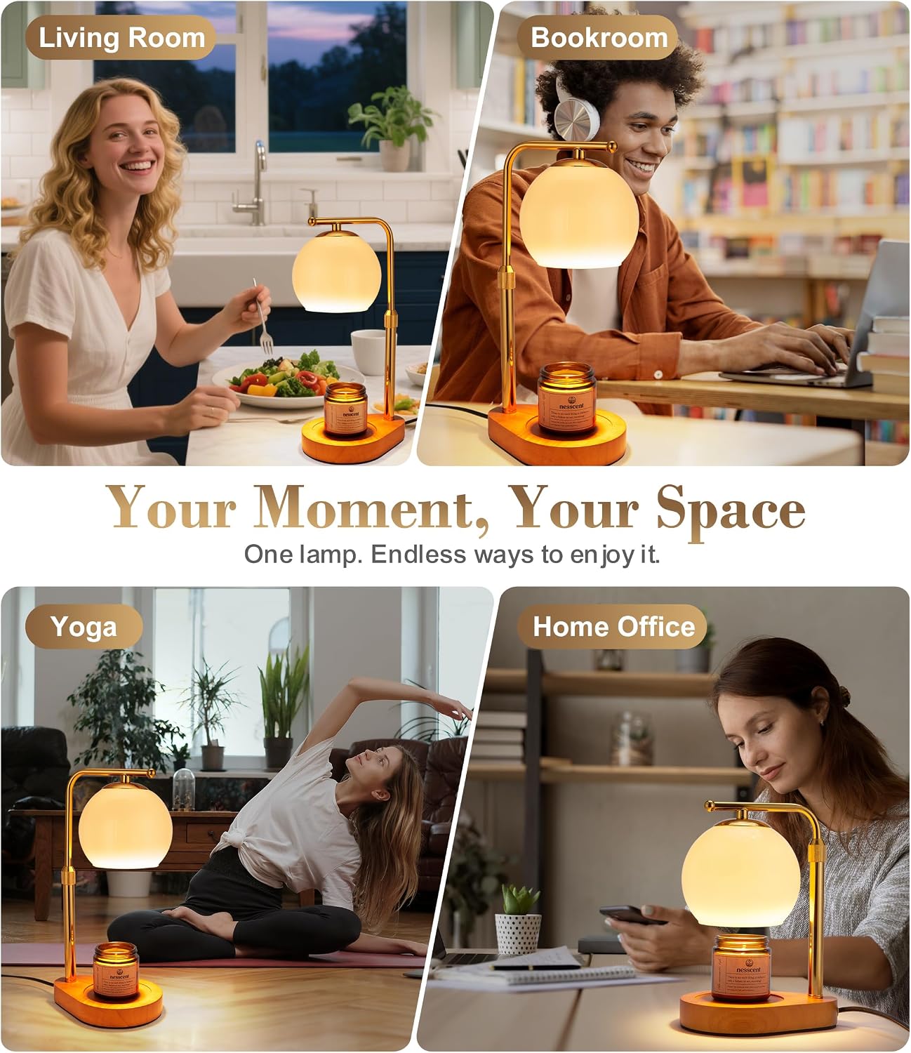 Ivory Glass Candle Warmer Lamp Adjustable Height with Timer 2 4 8H | Warm Gold Hardware | Dark Walnut Base | Dimmer Wax