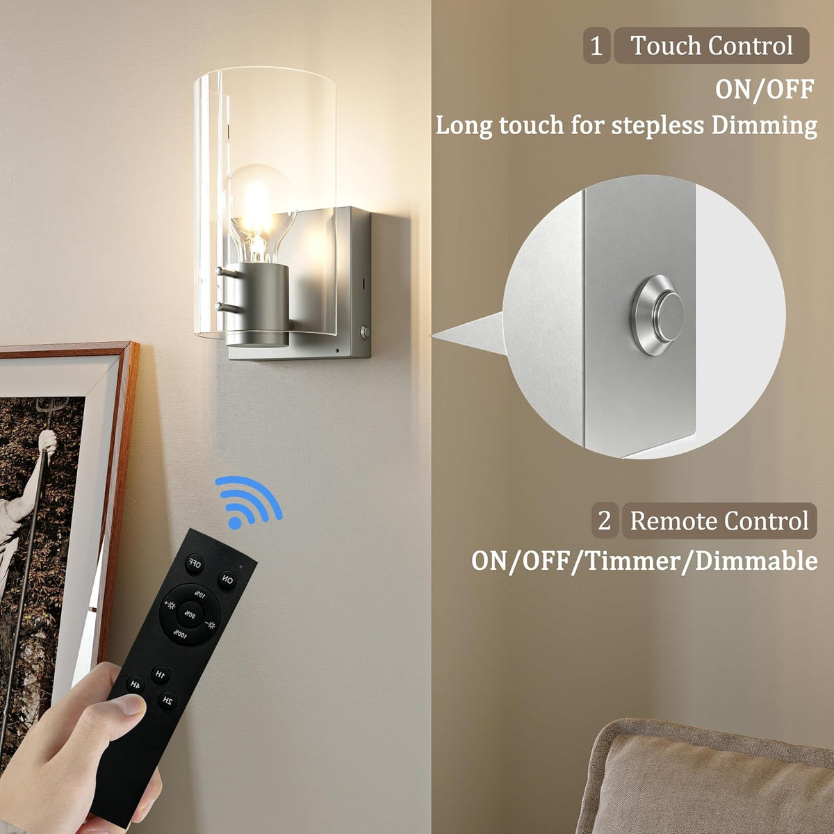 Morauroral Sand-Nickel Battery Operated Wireless Wall Sconces Set of Two | Dimmable Rechargeable Wall Sconce with