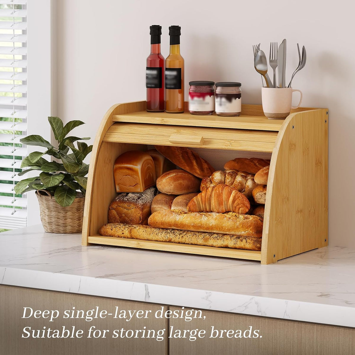 Kitsanery Bread Box for Kitchen Countertop, Bamboo Bread Storage, Double-Layer Roll-Top Bread Container, Farmhouse