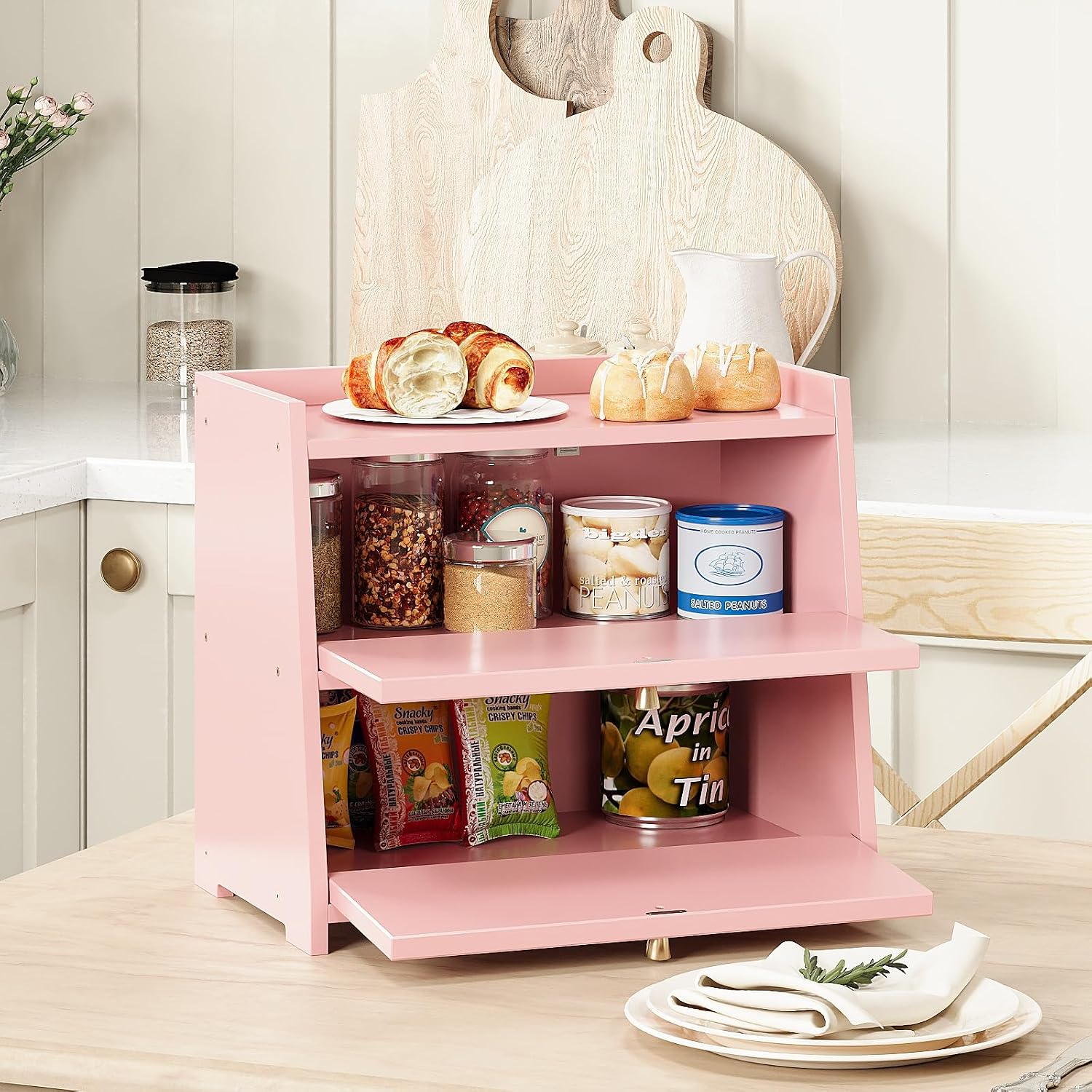 Trironsun Vintage Double Layer Bread Box for Kitchen Counter Bamboo Bread Storage Container Large Capacity Bread