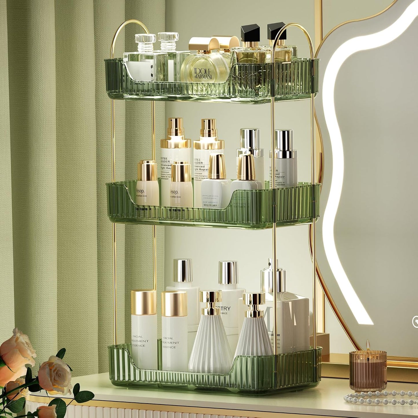 Akinbas 3 Tier Bathroom Organizer Countertop Makeup Perfume Tray Skincare Organizer for Bathroom Dresser Vanity (Green)