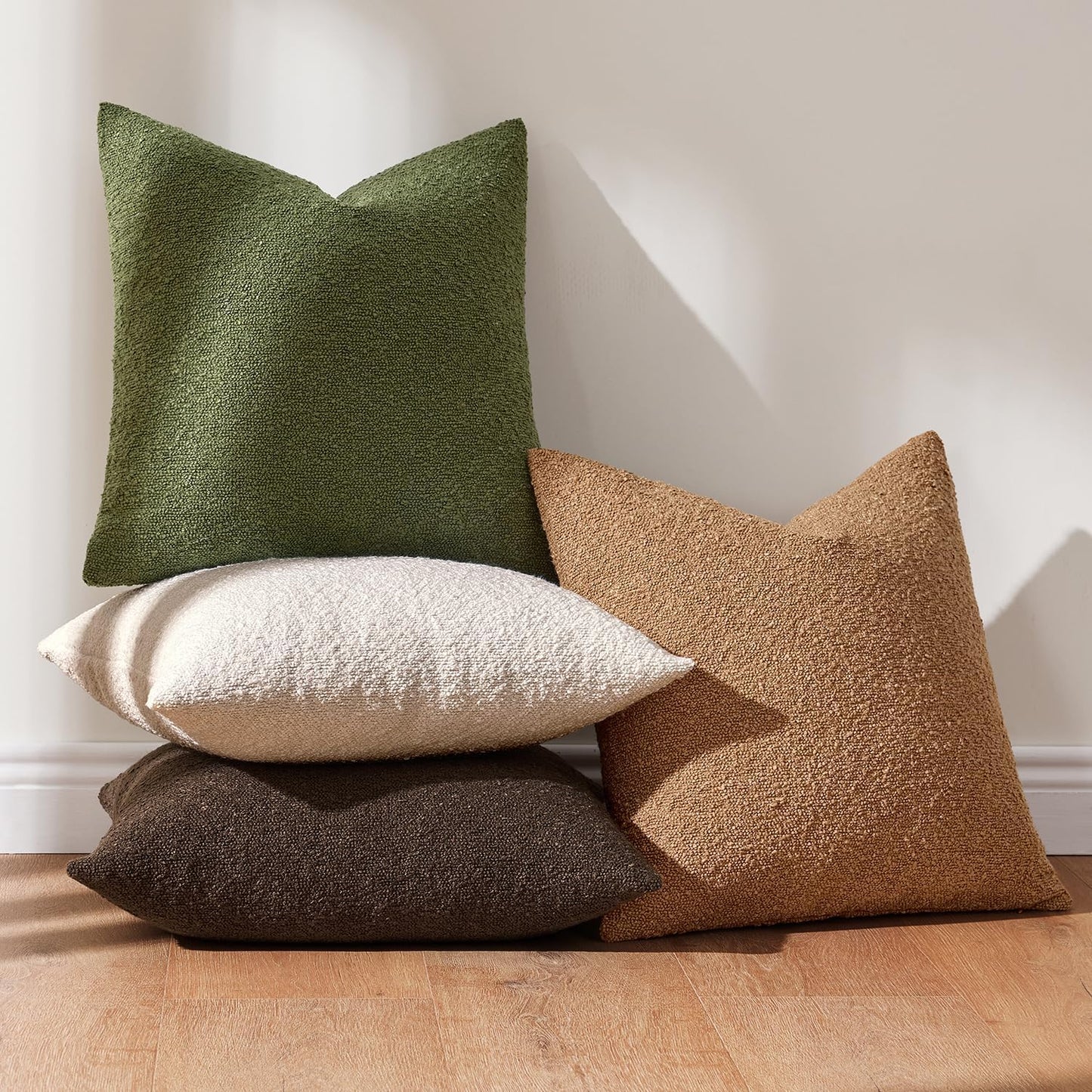 Decorative Textured Boucle Throw Pillow Covers Accent Solid / 18 x 18 / Green Brown / Set of 4