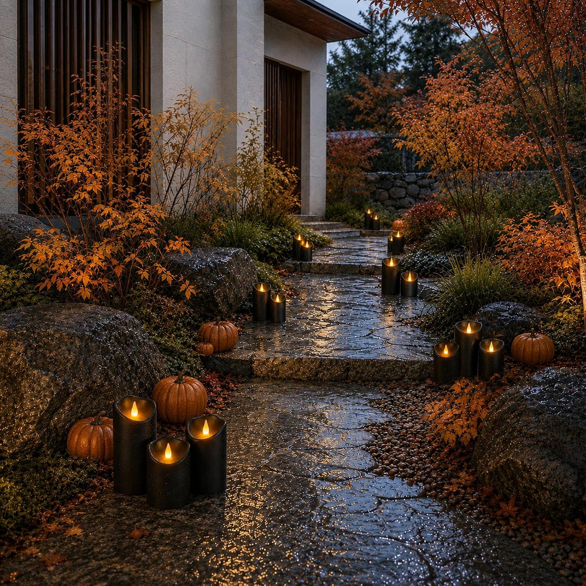 Outdoor Flameless Candles, Patented 3D Dual-LED, Set of 9 Slanted Resin Pillars with 2 Remotes, Bulk Party Decor for