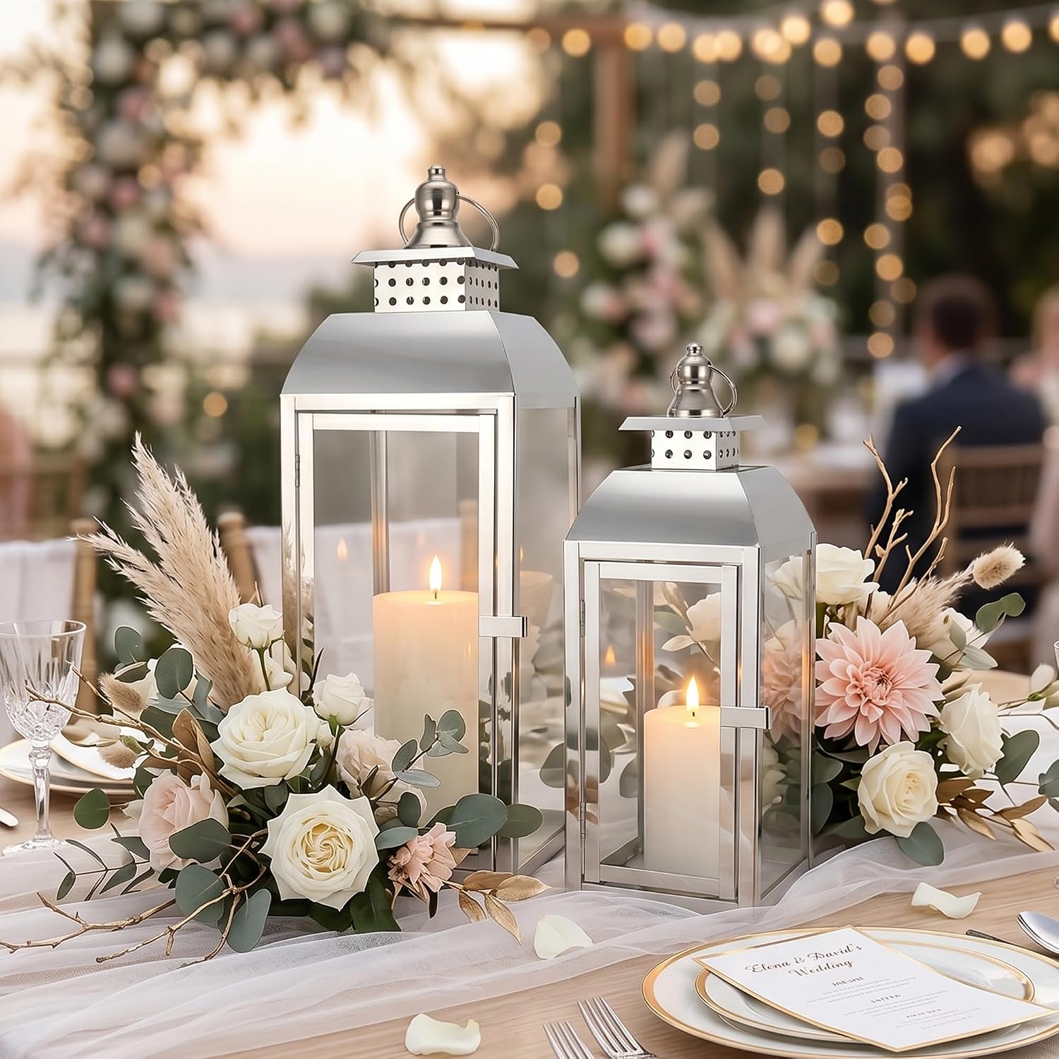 JHY DESIGN Set of 2 Stainless Steel Decorative Candle Lanterns 20.5"&15" High Metal Candle Lanterns for Indoor Outdoor