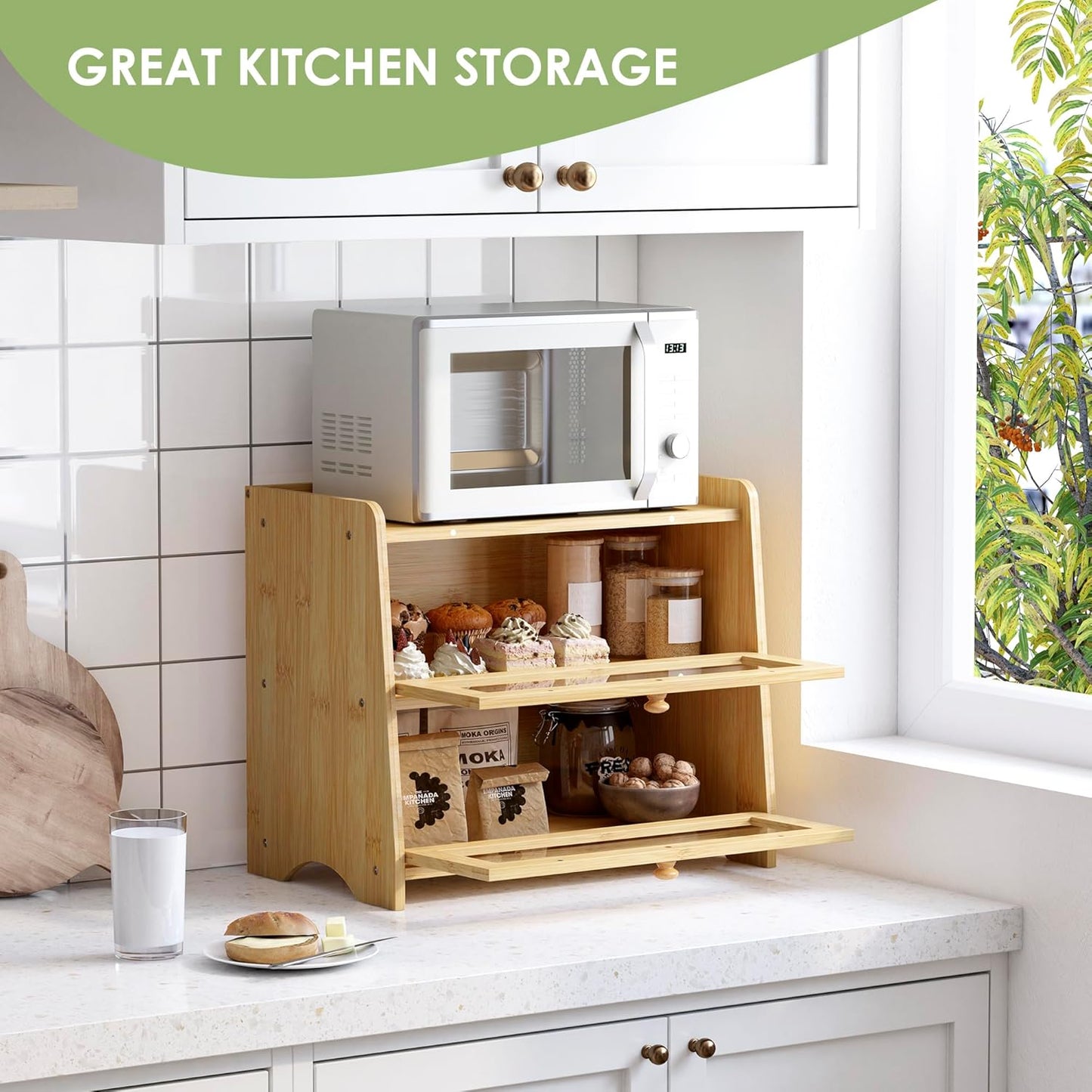 Double Layer Bread Box Container for Kitchen Countertop Homemade Bread | Large Breadbox Storage Wooden Farmhouse Bread