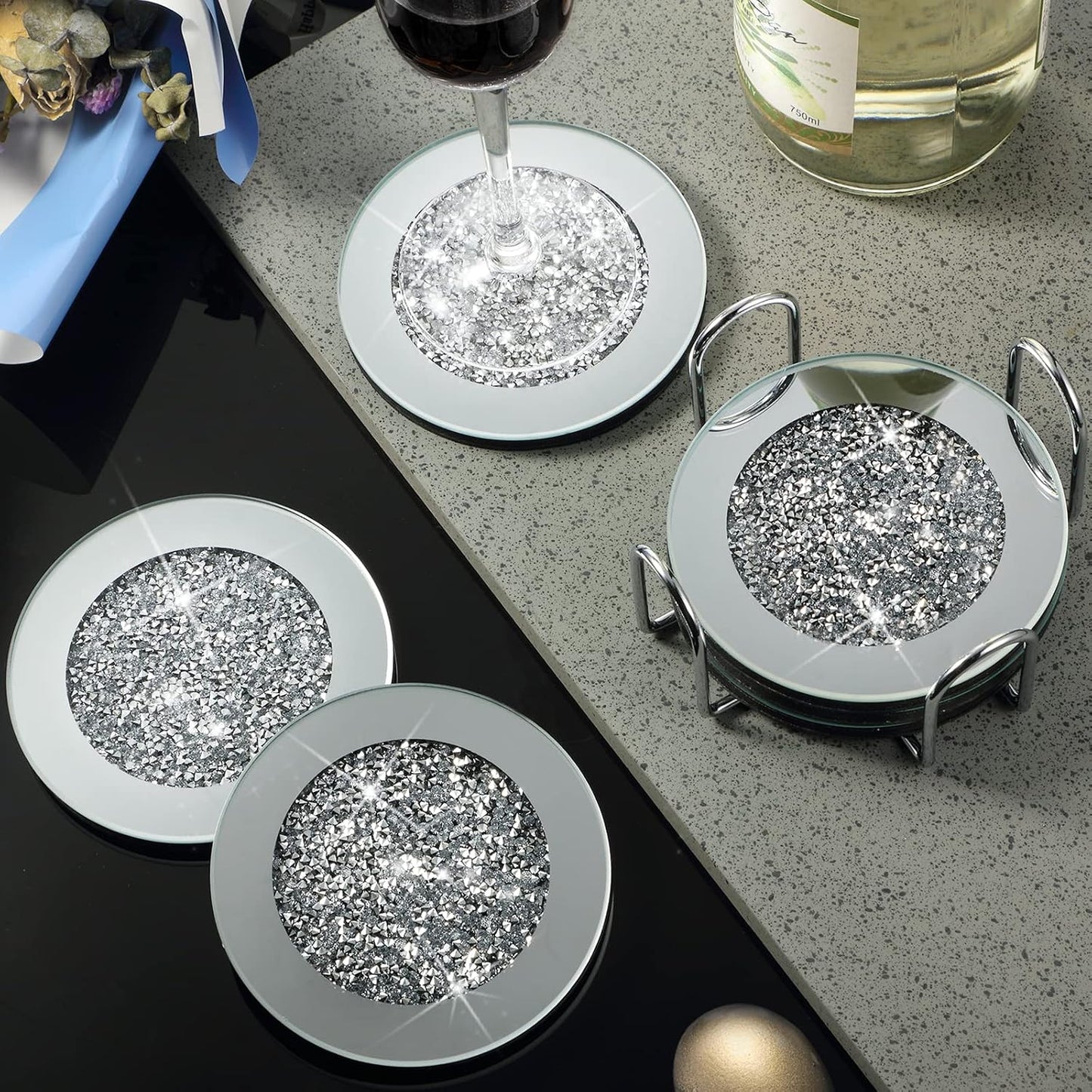 1 Holder 4" Crushed Diamond Round Cup Mat Glitter Crystal Rhinestone Glass / Silver / Set of 6