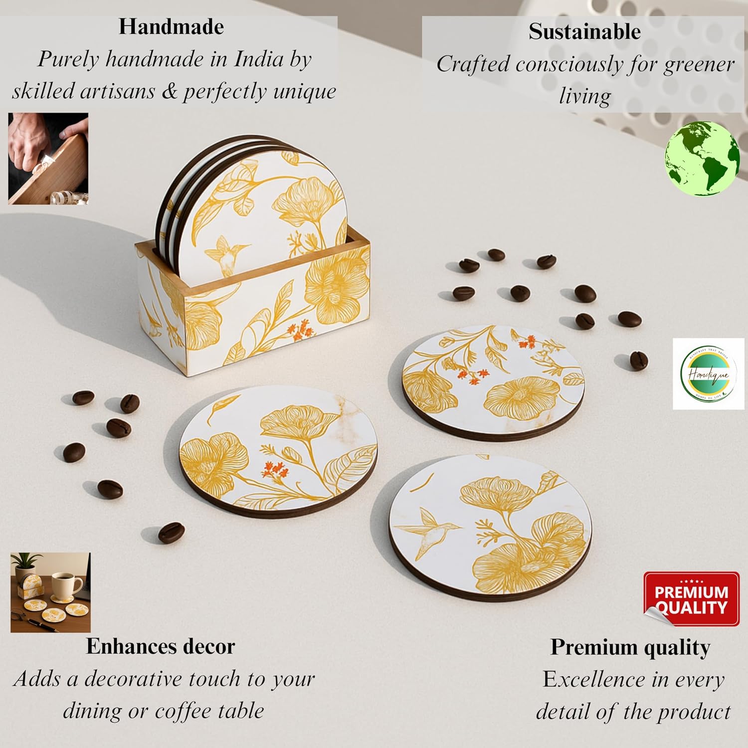 Holder / Wooden Coasters for Drinks / White Floral / Set of 6