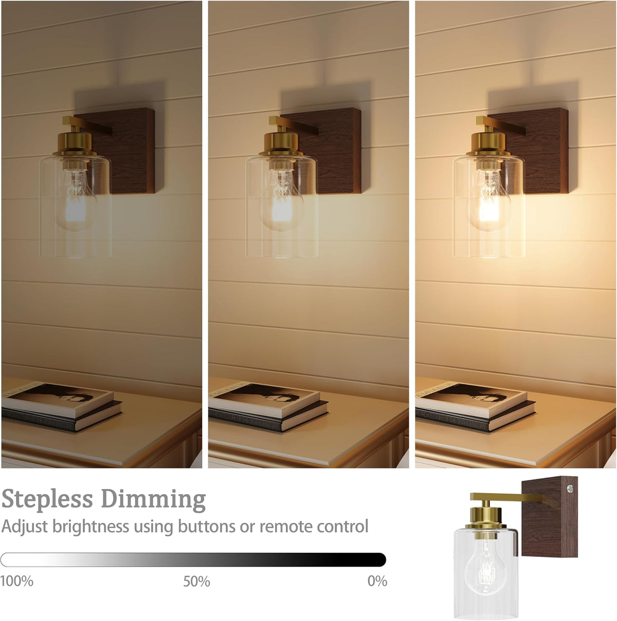 Rayogale Wireless Battery Operated Wall Sconce Set of 2 with Remote Control | Gold & Walnut Dimmable Rechargeable Wall