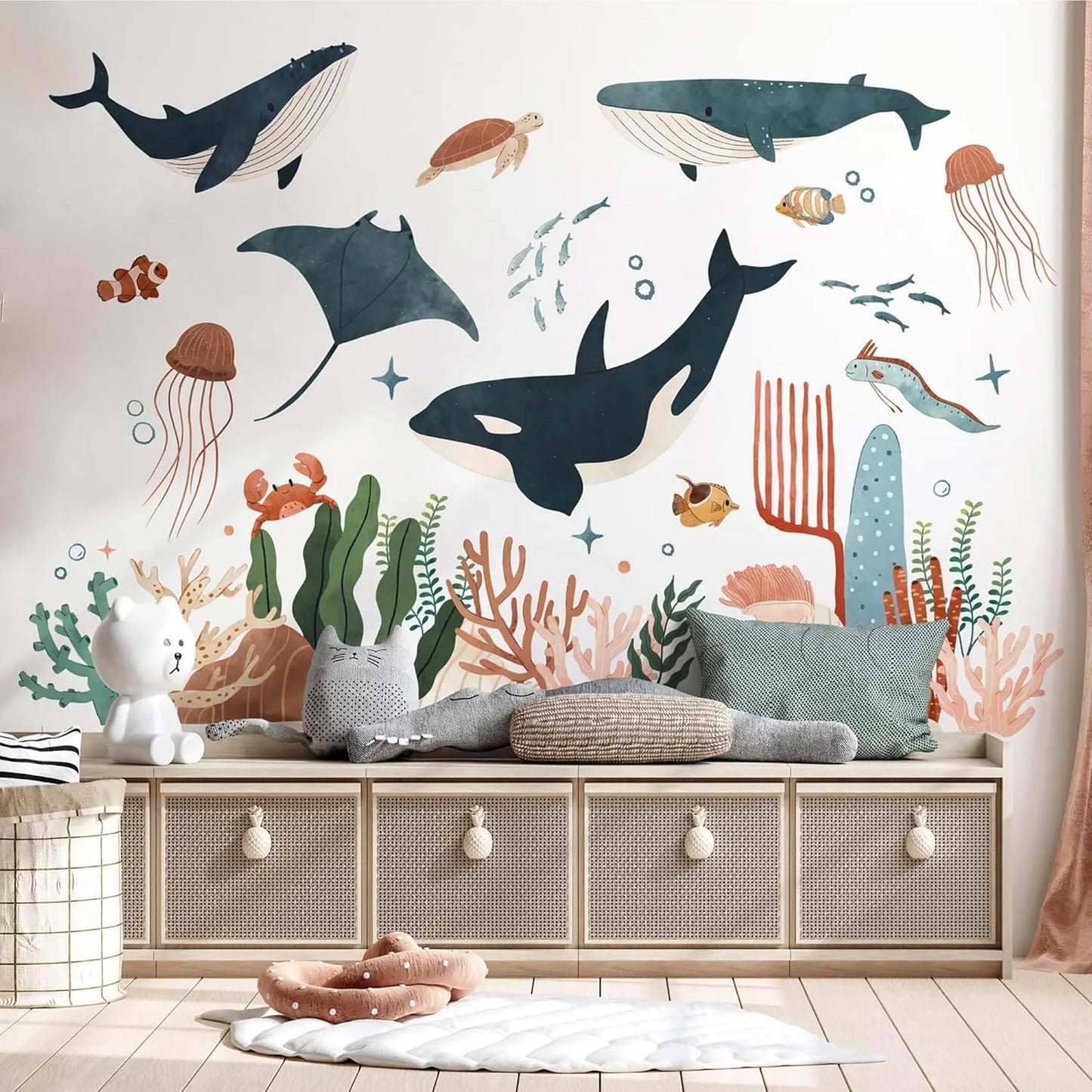 Large Ocean Wall Decals Jellyfish Whales Watercolor Peel and Stick Removable Under / Ocean Animals-b