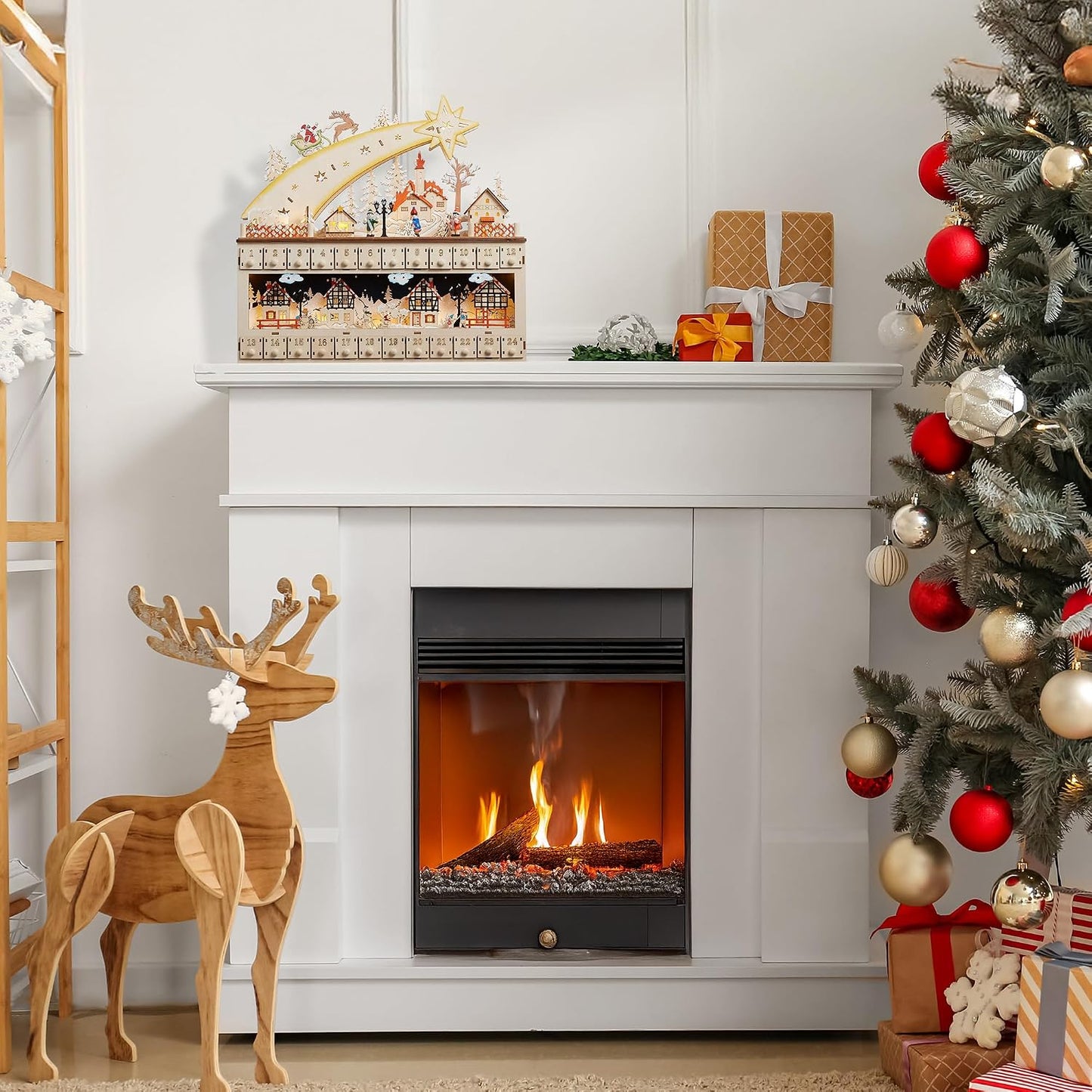 Casafield Wooden Christmas Advent Calendar, Pre-Lit with Drawers Holiday Decoration with Shooting Star and LED Light-Up