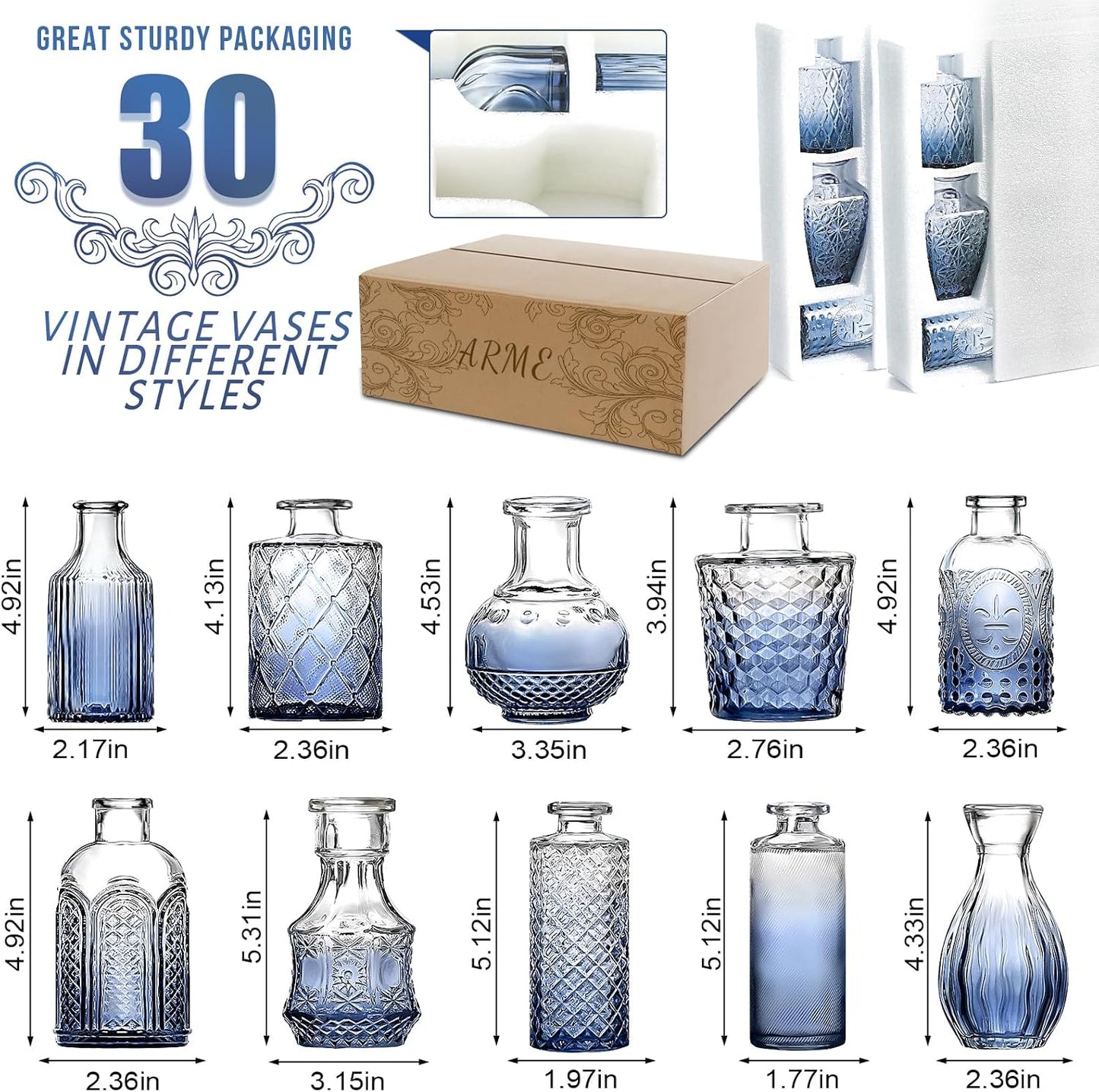 Mini Flower Vintage Vases / Blue / Set of 32