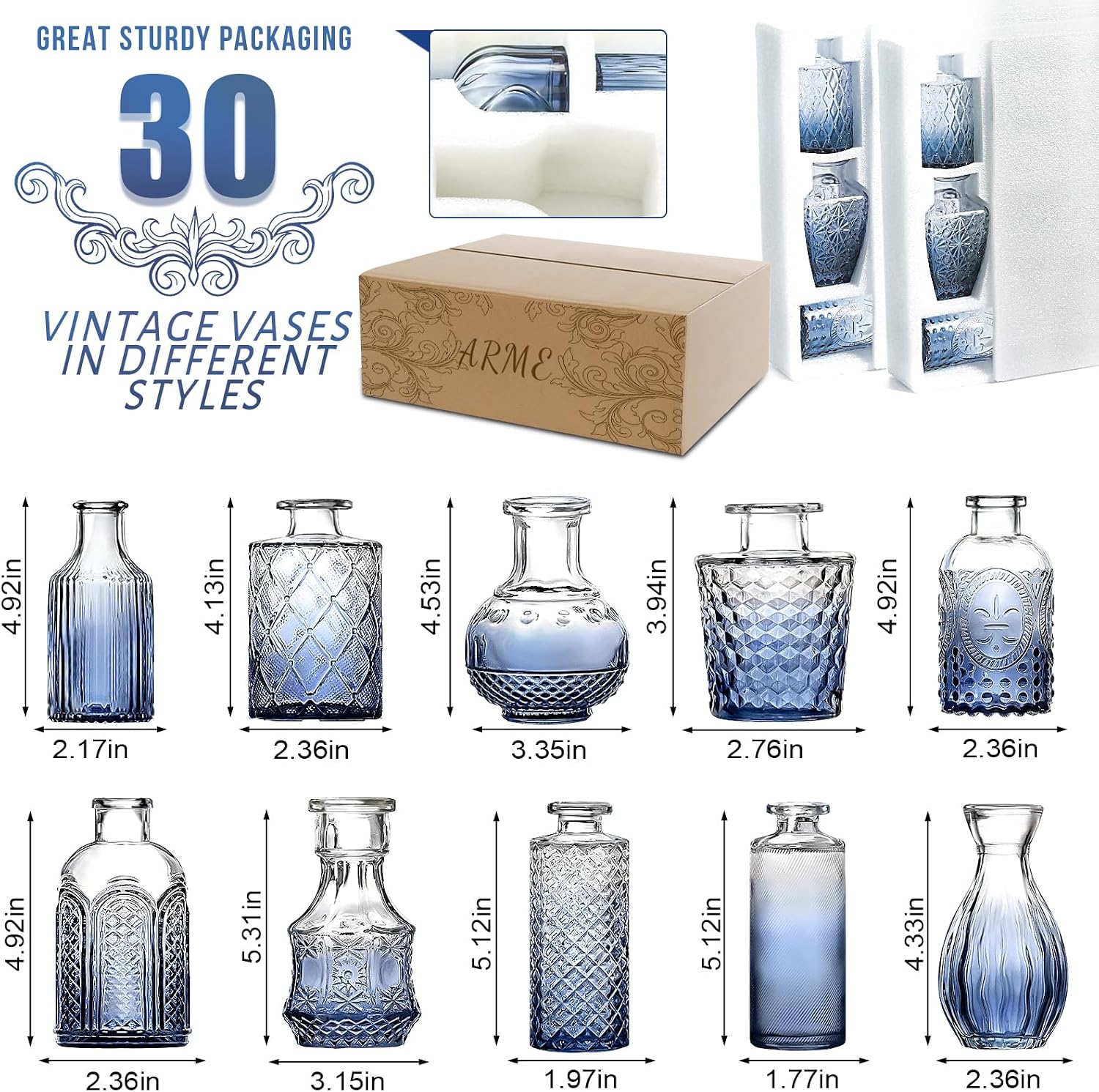 Mini Flower Vintage Vases / Blue / Set of 32