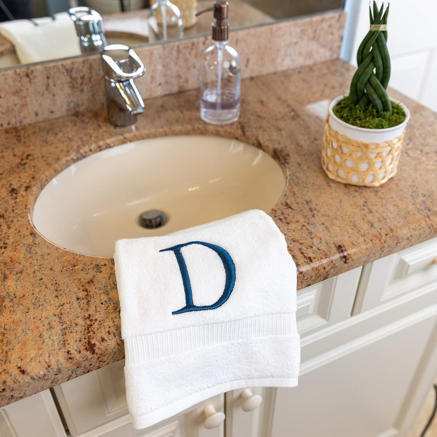 White with Navy Monogrammed Hand Towels for Bathroom - Set of 2 Letter D | Luxury Hotel Quality Initial Towels For