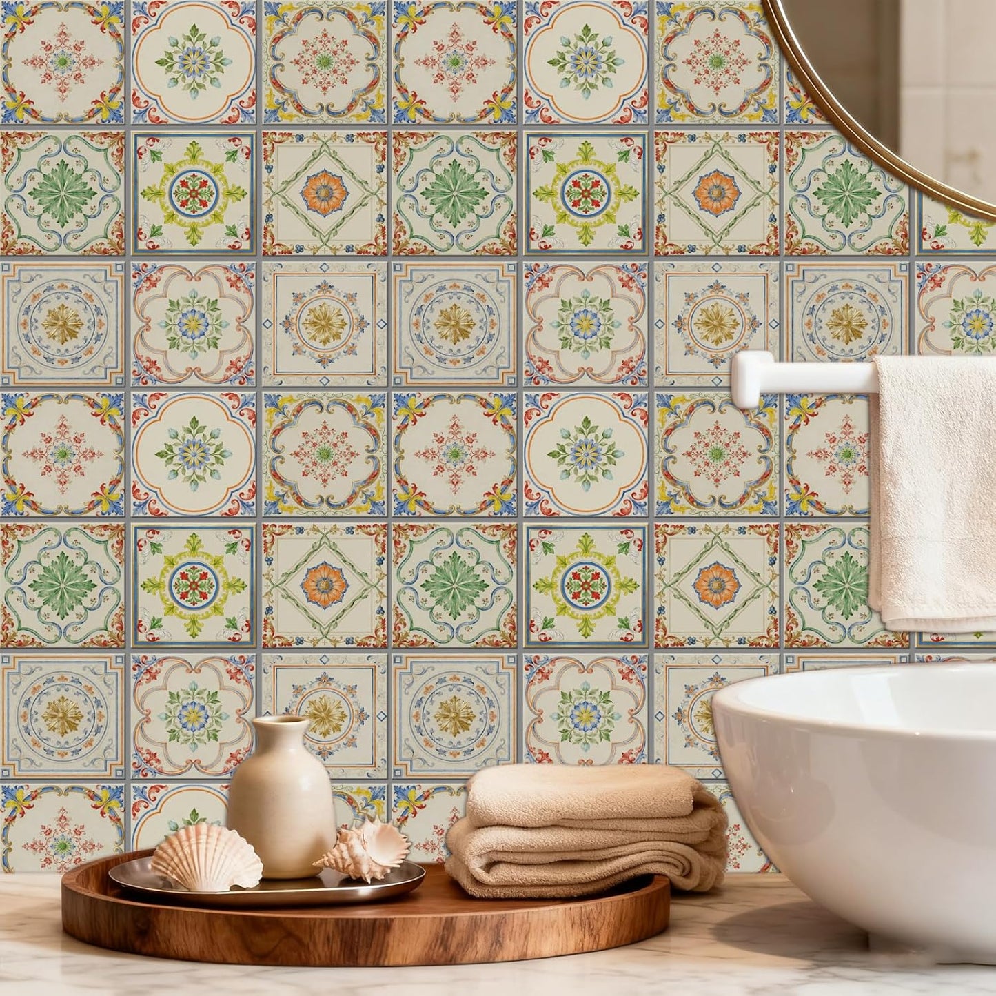 9 Styles Tile Sticker Colorful Patten Wall Tile Stickers Waterproof / Retro Beige Patten / Set of 36