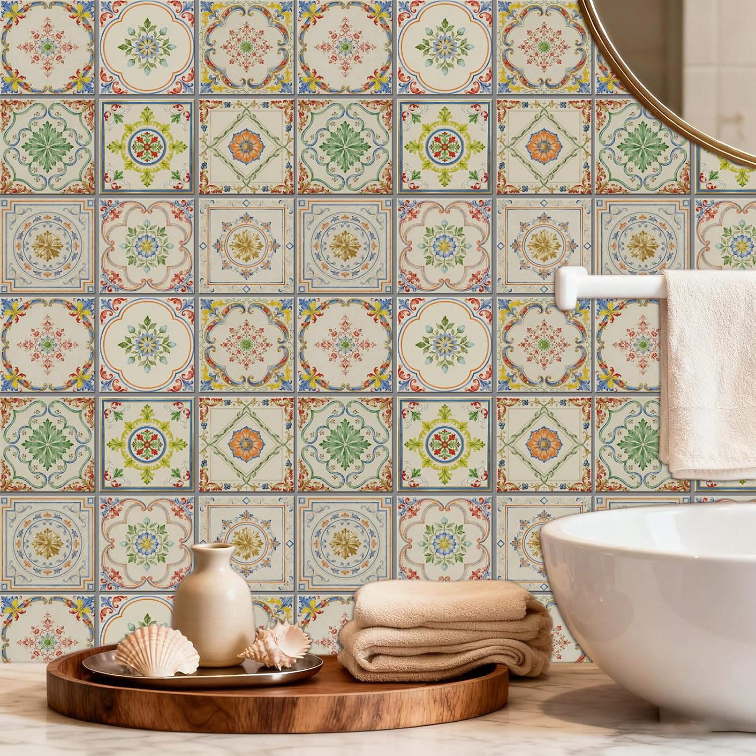 9 Styles Tile Sticker Colorful Patten Wall Tile Stickers Waterproof / Retro Beige Patten / Set of 36